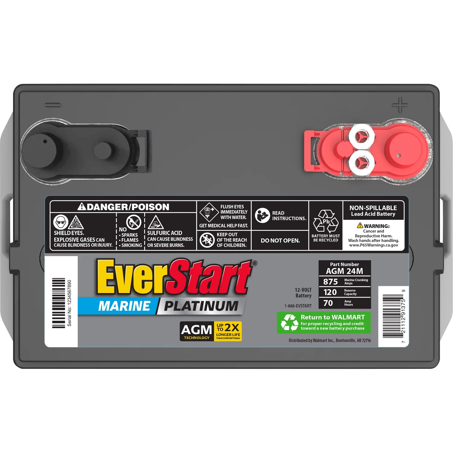 Everstart Platinum BOXED AGM Marine and RV Deep Cycle Battery Group Size 24M, 12 Volt 875 MCA
