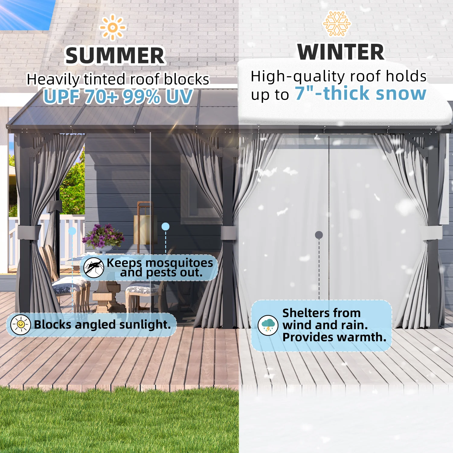 AECOJOY 16'x12' Wall Gazebo with Curtains and Mosquito Netting, Gray