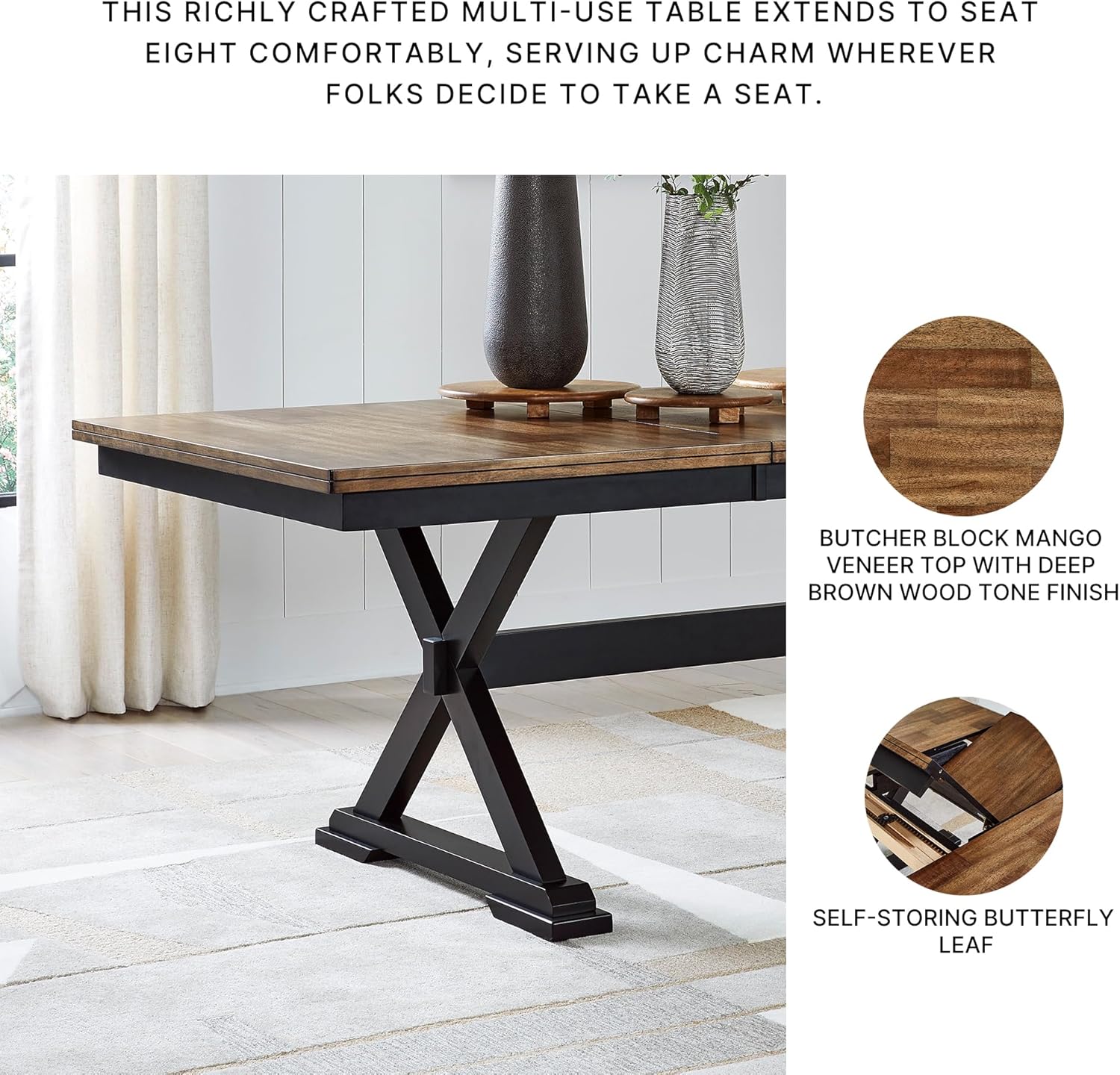 Signature Design by Ashley Wildenauer Farmhouse Dining Extension Table, Dark Brown & Black