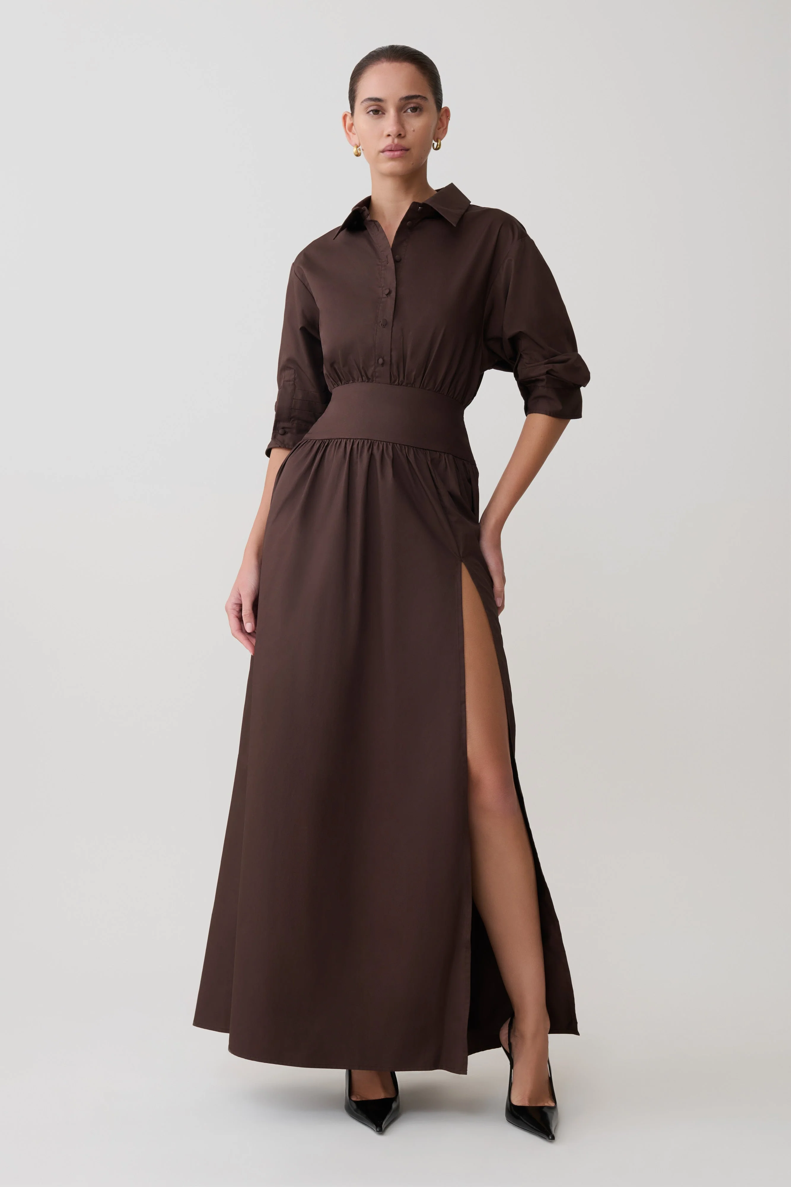 Isolde Long Sleeve Cotton Maxi Dress - Dark Chocolate