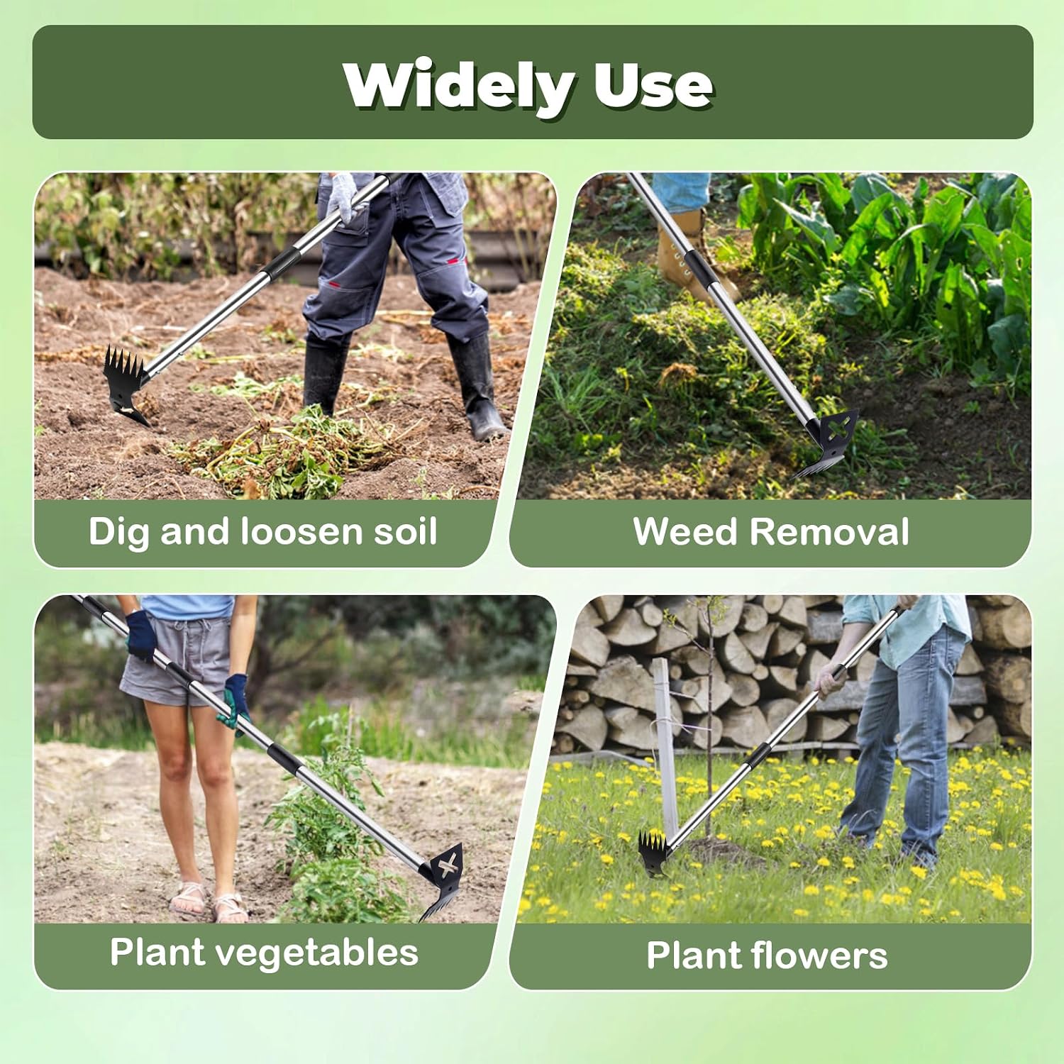 NICOFPHY Weed Puller Tool with Long Handle, Heavy Duty Garden Hoe and Rake