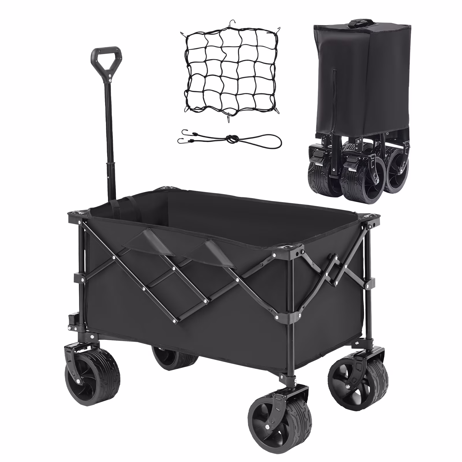 SKYSHALO Collapsible Wagon Cart 113 L Max 250 lbs Beach Wagon Cart Heavy Duty Folding Utility Garden Cart w/ Oversized Wheels (Black)