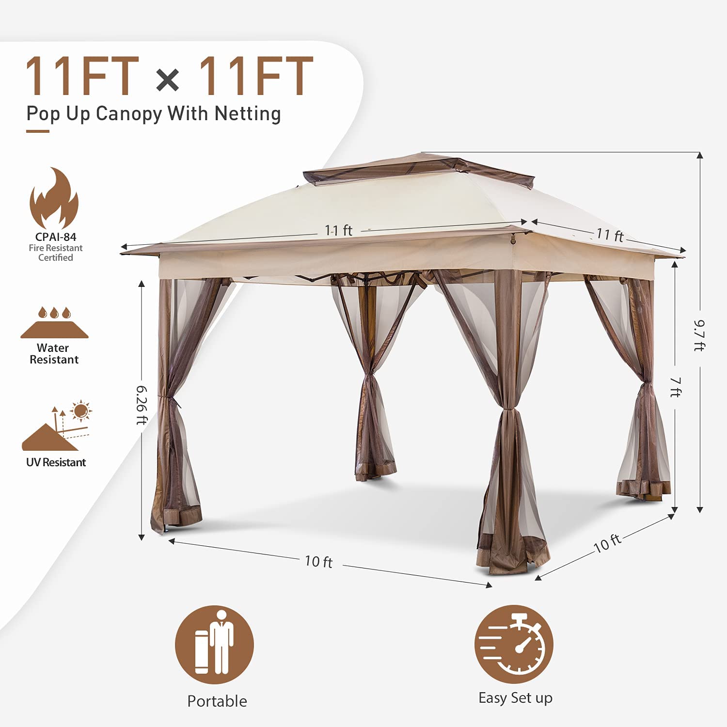 Tente de jardin instantanée pliante 11x11 avec moustiquaire, abri extérieur offrant 121 pieds carrés d'ombre par COOS BAY