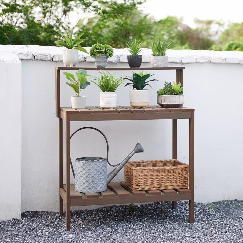 GONICHA Outdoor Poly Lumber Potting Bench, Polystyrene Garden Table with Storage Shelves, All-Weather Patio Work Station for Gardening,Brown