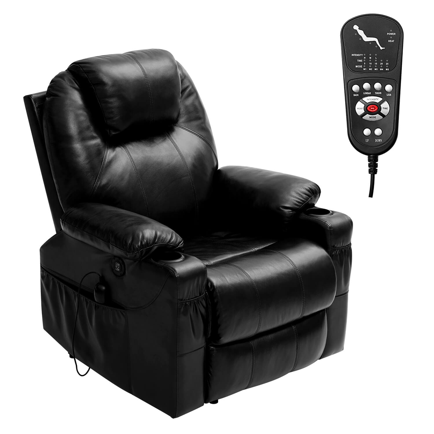 Fauteuil releveur électrique 3 positions avec repose-talon et massage, revêtement en cuir véritable