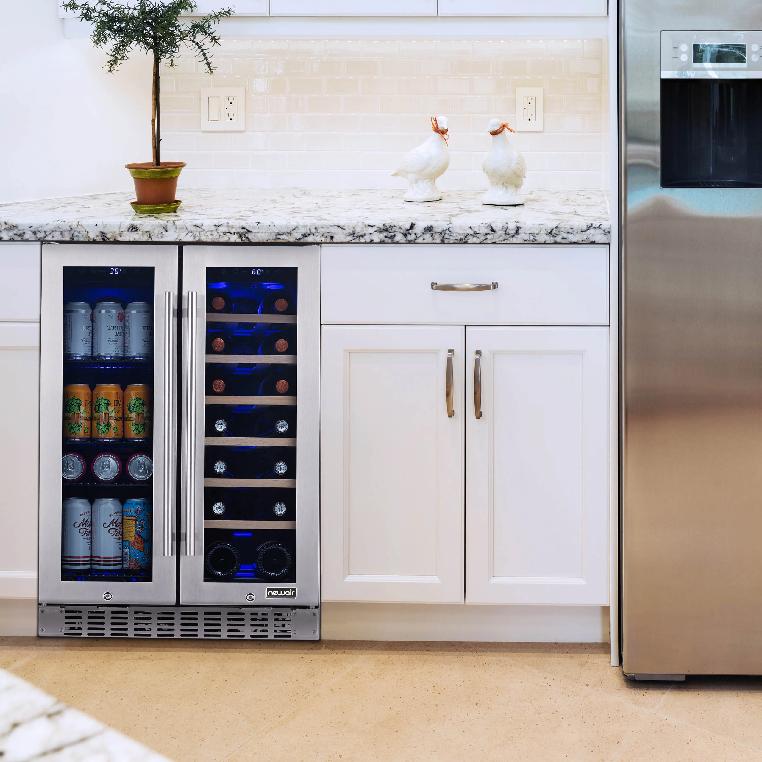Newair 58-Can, 18-Bottle Premium Built-in Dual Zone Beverage Fridge - 24