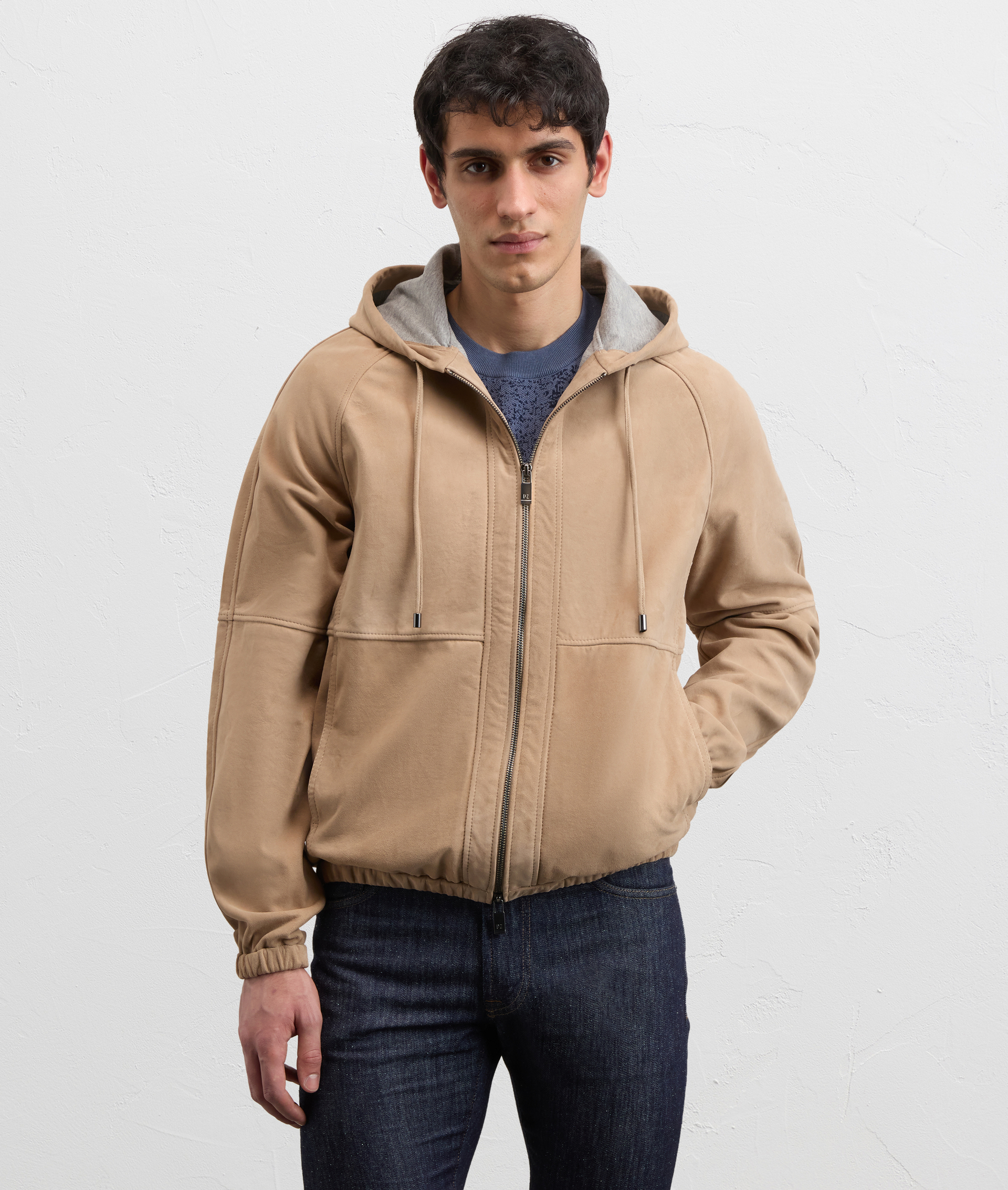 LIGHT BROWN GOAT SUEDE ULTRA LIGHTWEIGHT HOODED BOMBER JACKET
