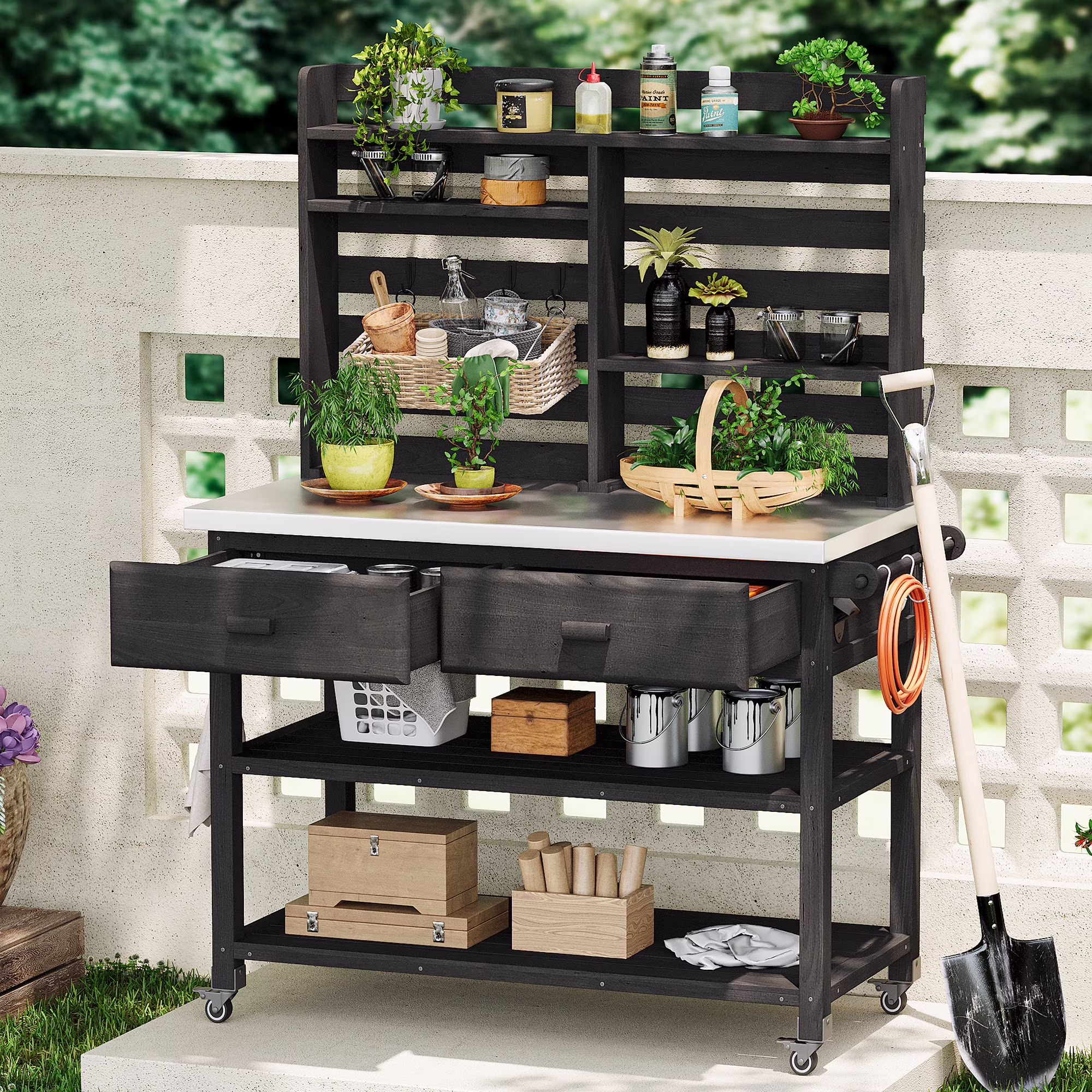Euroco 64.9H Outdoor Potting Bench Table with Lockable Wheels, Solid Wood Outdoor Kitchen Island with Upper Hutch, Stainless Steel Top, Towel Rack ,Outdoor Storage for Grilling, Lawn Garden -Black