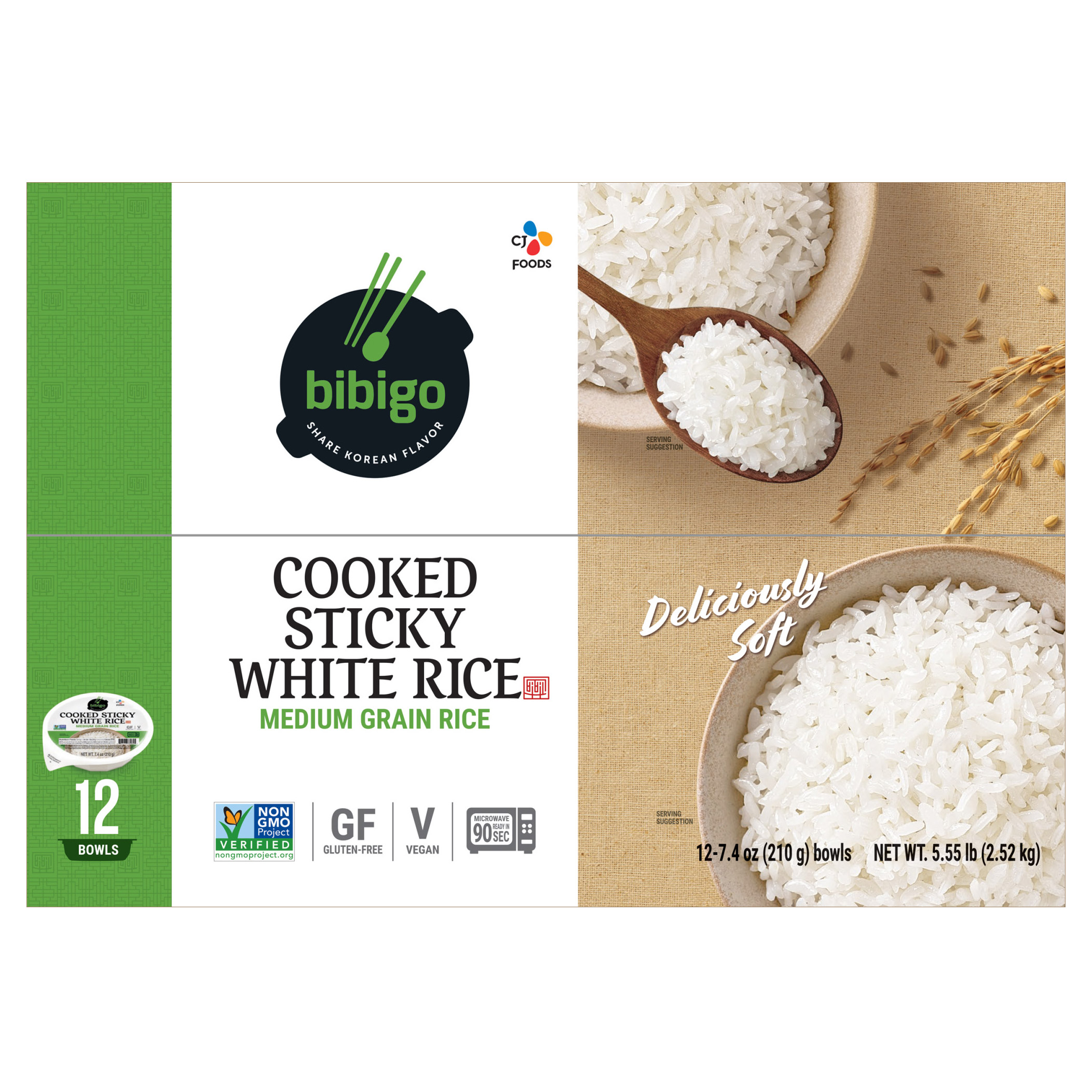 Bibigo, Cooked Sticky White Rice Bowls, Medium Grain, 7.4 oz, 12 - Count