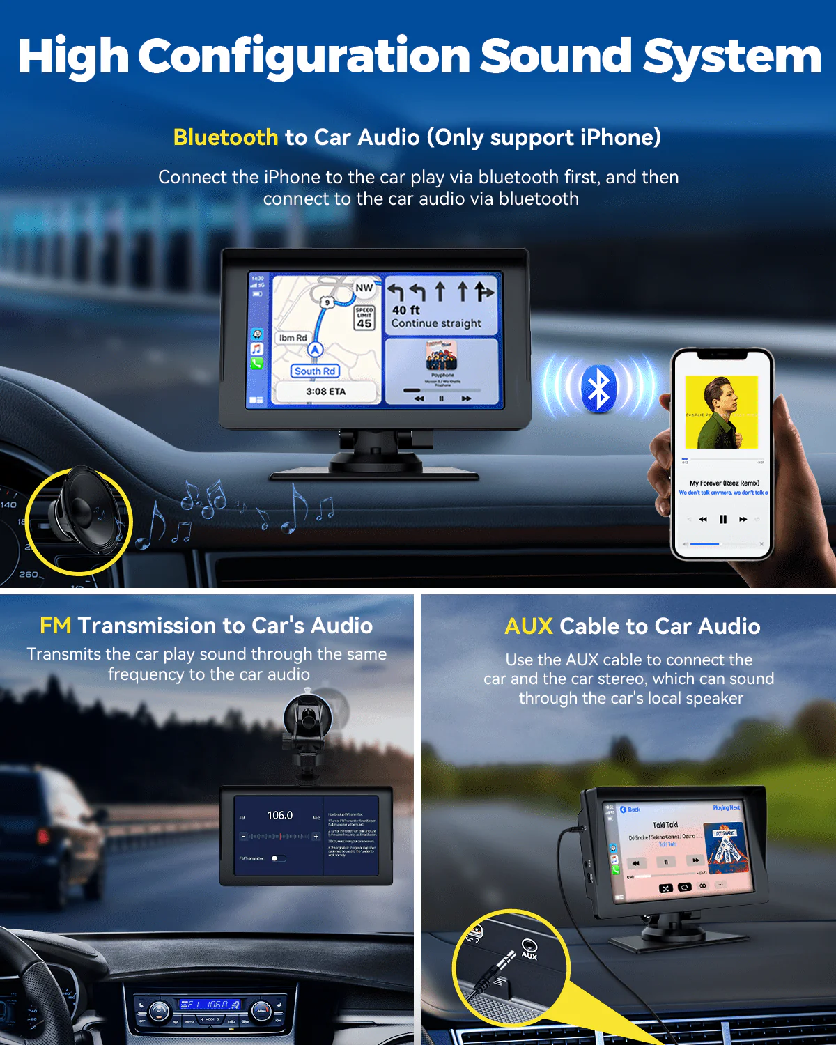 Wireless Apple Carplay Android Auto Car Stereo with Bluetooth, 7'' Touchscreen Carplay Car Radio with Siri, AUX, FM, Multimedia Player, GPS Navigation - Image 6