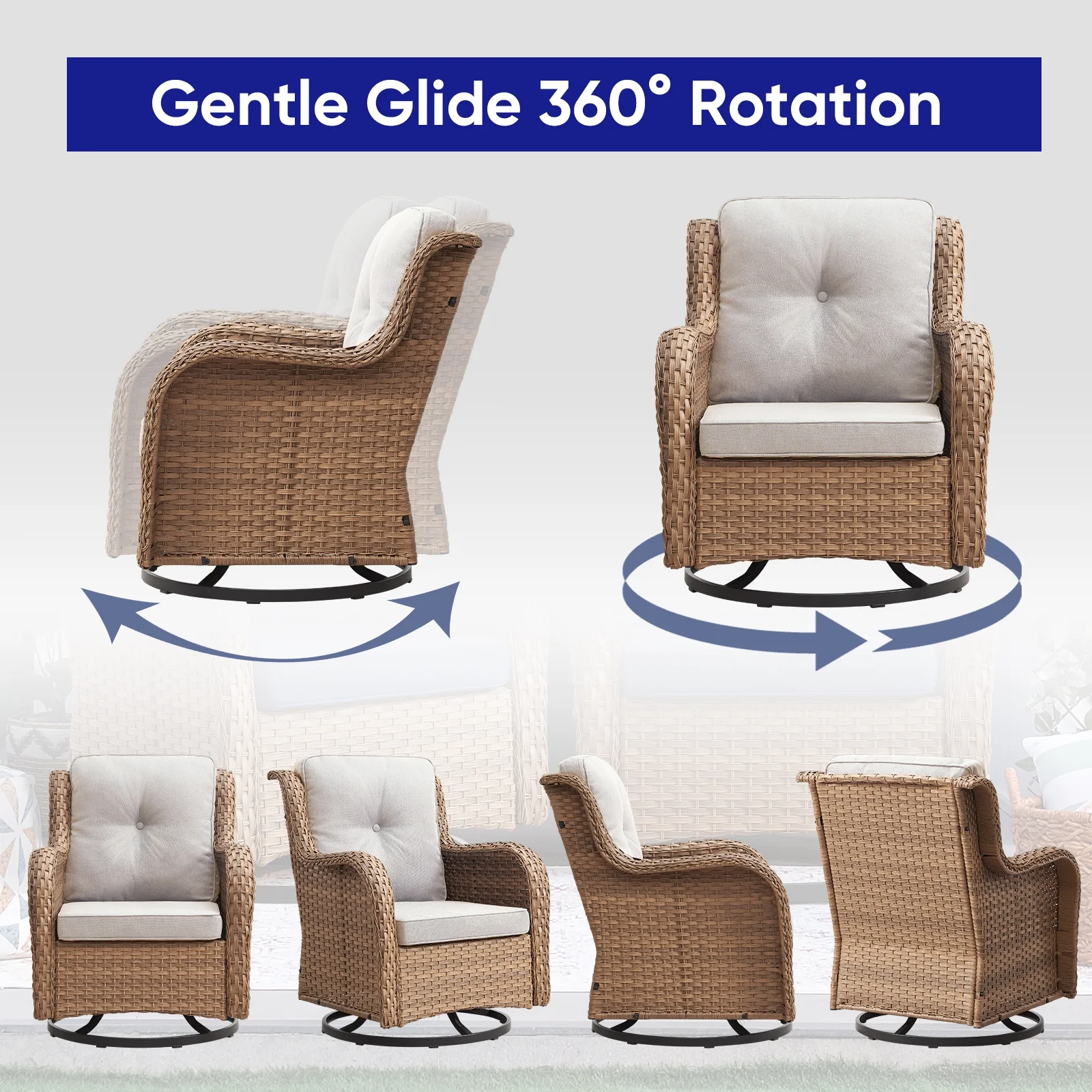 3 Piece Patio Set Outdoor Wicker Glider Rocking and Swivel Chairs with Cushions(Yellow/Beige) - Image 10