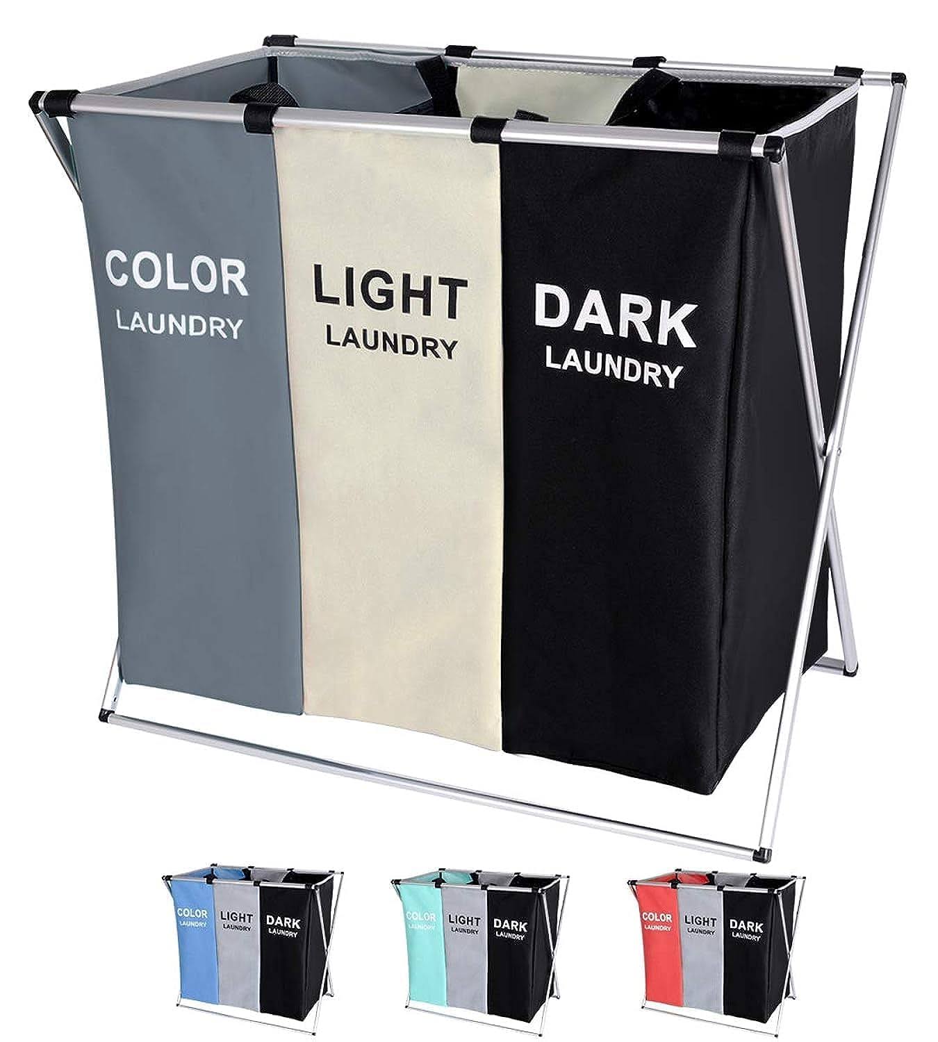 BRIGHTSHOW 135L Laundry Cloth Hamper Sorter Basket Bin Foldable 3 Sections with Aluminum Frame 24'' 14'' x 23'' Washing Storage Dirty Clothes Bag for Bathroom