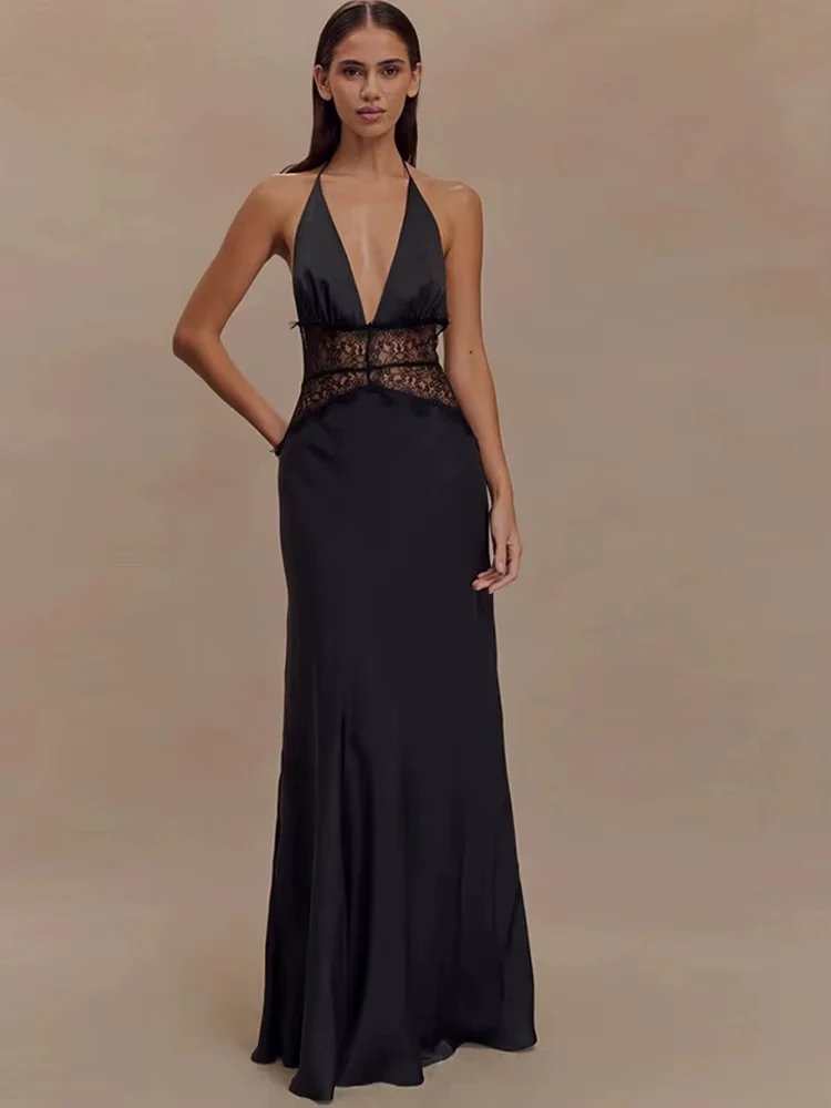 Robe Maxi Dos Nu à Panneaux en Dentelle et Col Halter