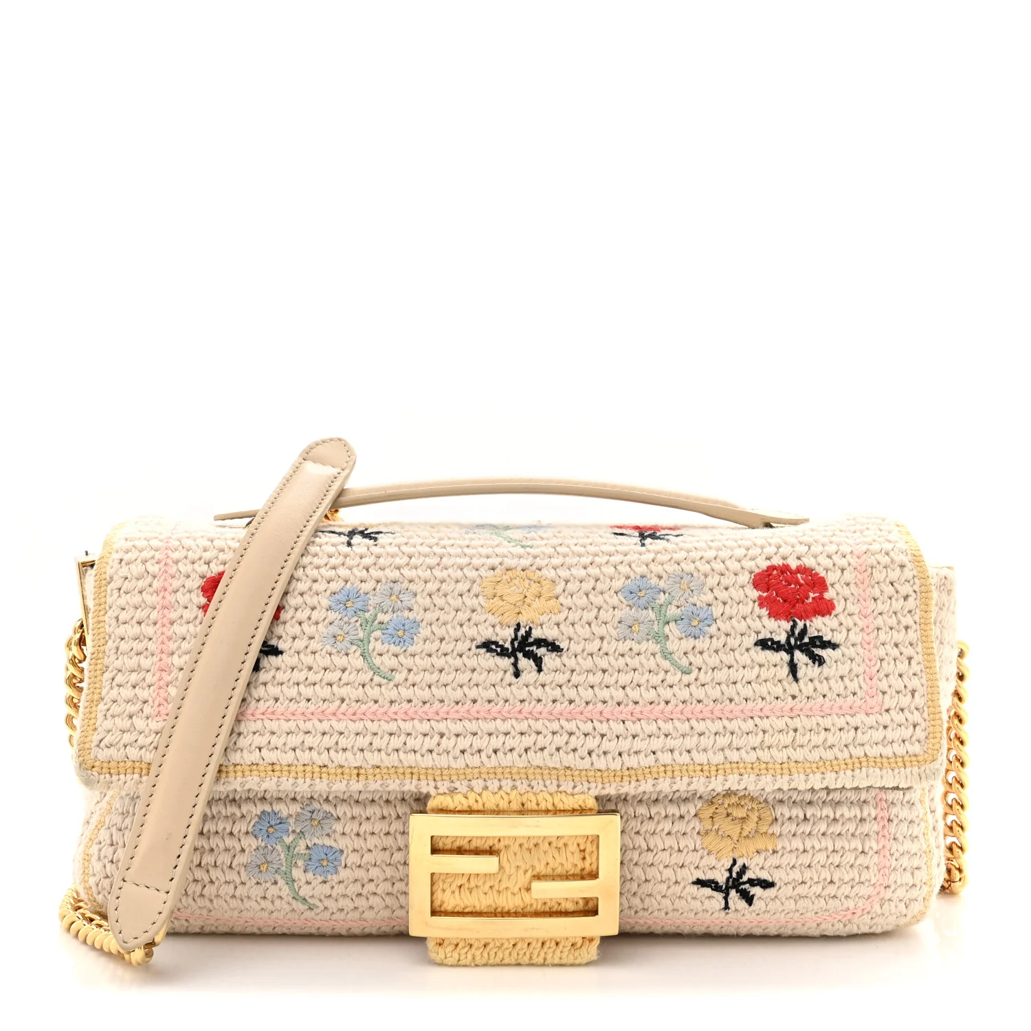 Cotton Vitello Seta Floral Woven Chain Baguette White Multicolor
