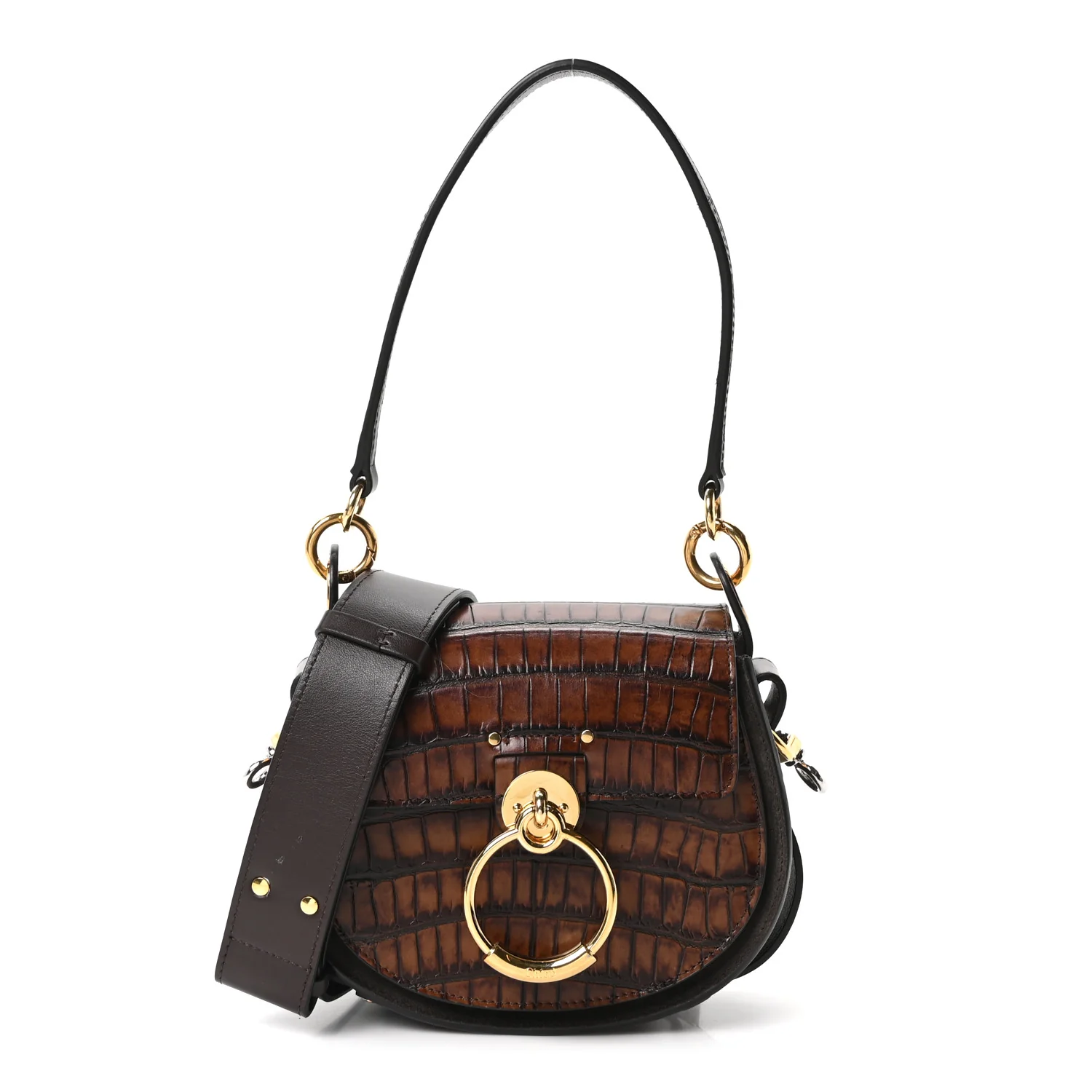 Calfskin Crocodile Embossed Small Tess Bag Dark Ebony