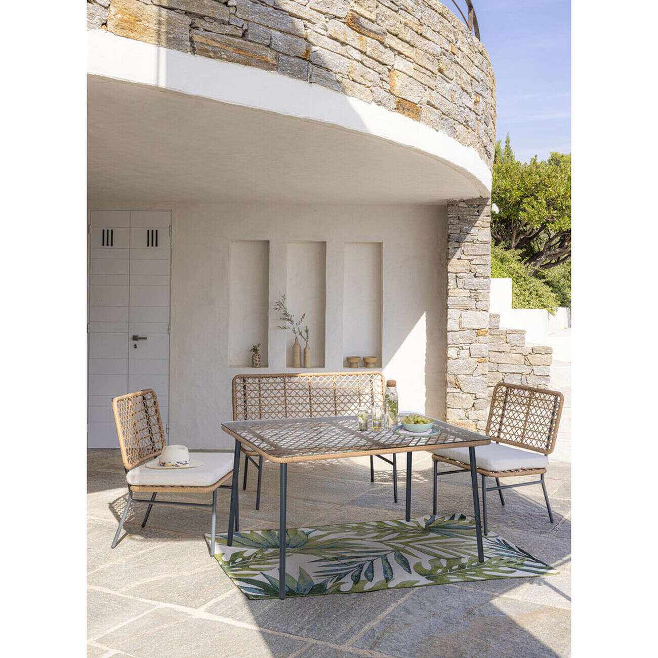 Table de jardin tressé Bali plateau verre trempé 122x70xH70cm