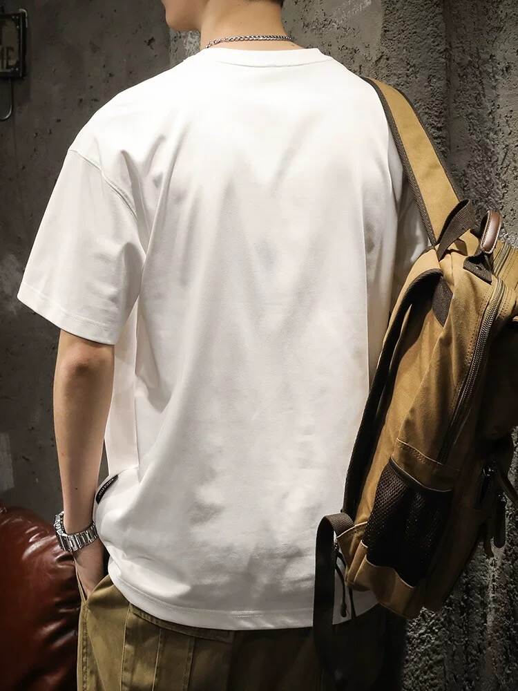 アメリカンスタイルのヘビーウェイトTシャツ、メンズ夏用トレンディーブランド2025年新作、綿100%のゆったりホワイトクルーネックアンダーシャツ。