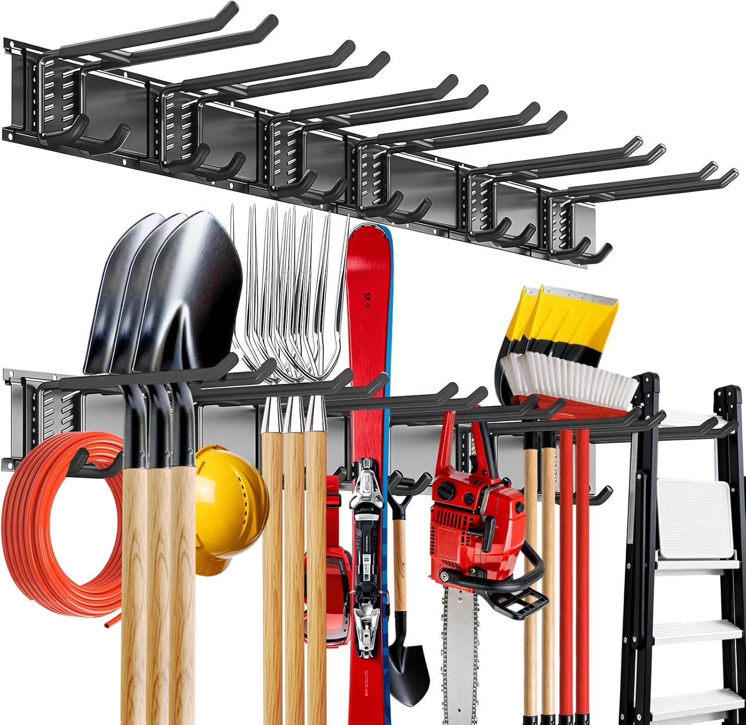 Garage Tool Organizer Wall Mount, 48-inch Heavy-Duty Garage Storage System and Garden Tool Organizer with 6 Adjustable Double Hooks for Shovel, Snowboard, Yard Tools and Shed