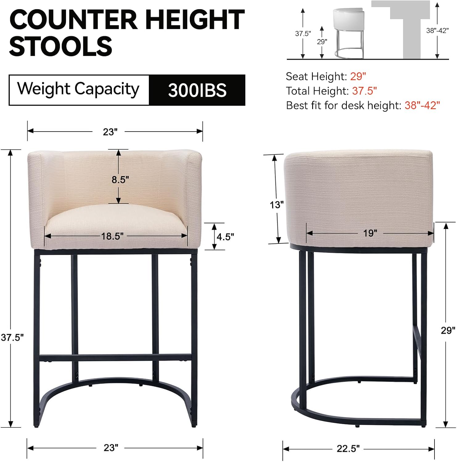 Contemporary Cream Linen Bar Stools Set of 3, 29