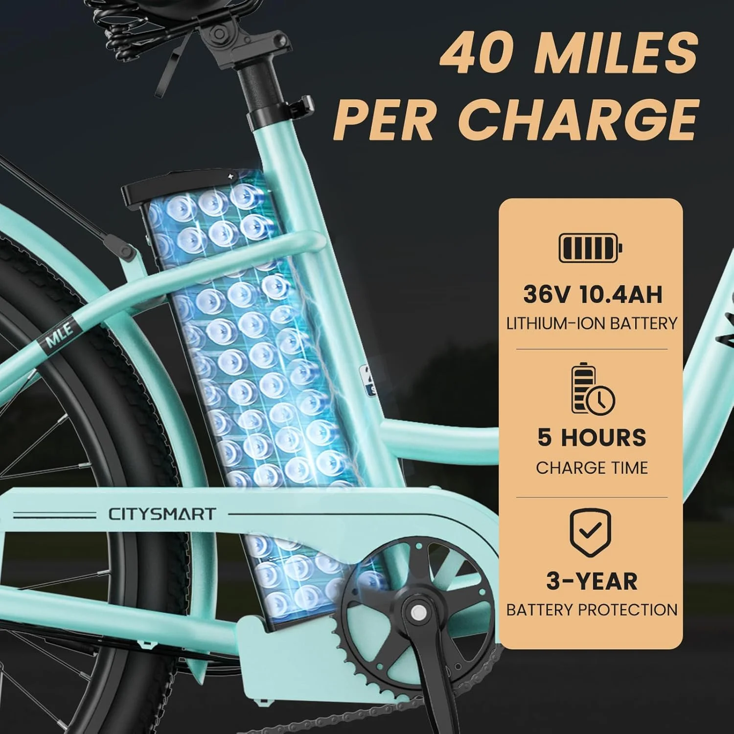 Electric Bicycle for Adults 350W, 7-Speed Ebike with 36V 10.4Ah Removable Battery�� 40 Miles Range, 20 mph Electric Commuter Bike for Women Men, Certified to UL 2849 by SGS(Cyan/24") - Image 5