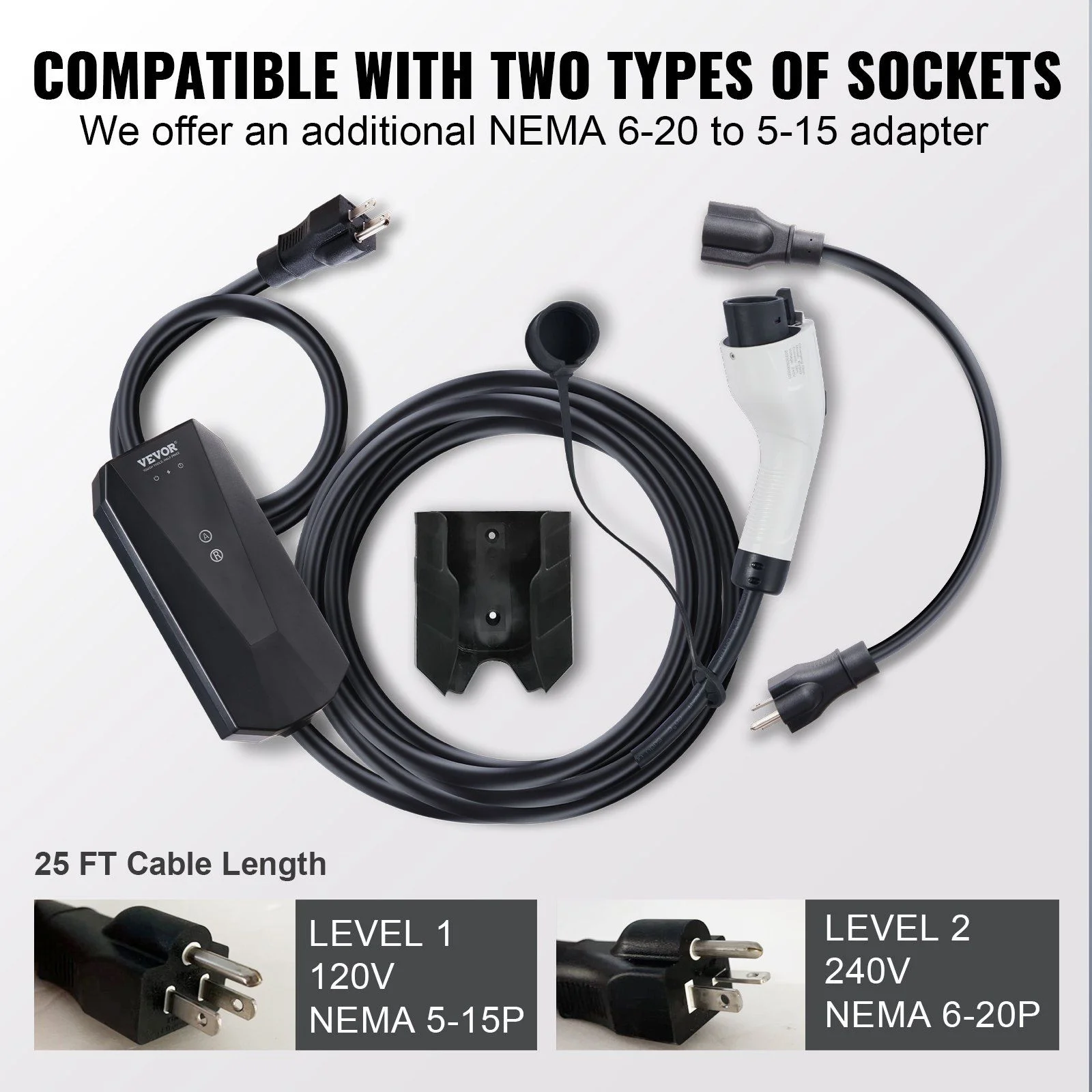 Level 1+2 Portable EV Charger, 16 Amp 120V or 240V, Electric Vehicle Charger with 28-Foot Charging Cable NEMA 6-20P Plug NEMA 5-15 Adapter, Plug-in Home EV Charging Station for SAE J1772 EVs - Image 6