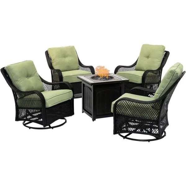 💥Liquidation🔥Ensemble de conversation 5 pièces en acier avec foyer extérieur, coussins bleu marine, fauteuils pivotants et table de foyer carrée
