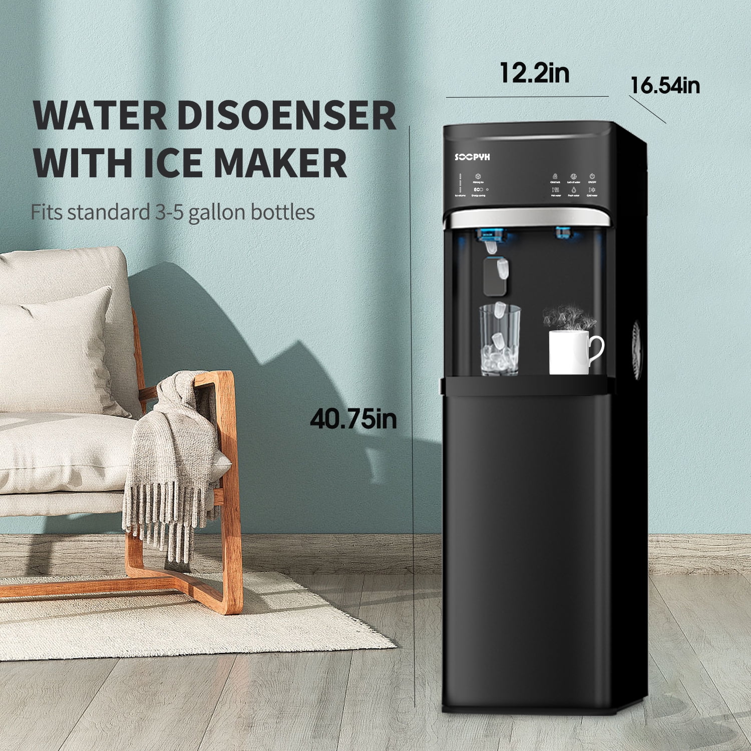 3 in 1 Hot and Cold Water Dispenser with Ice Maker Bottom Load for 3 or 5 Gallon Bottle 22lbs Daily Capacity Bullet-Shaped Ice, Black(Black) - Image 6