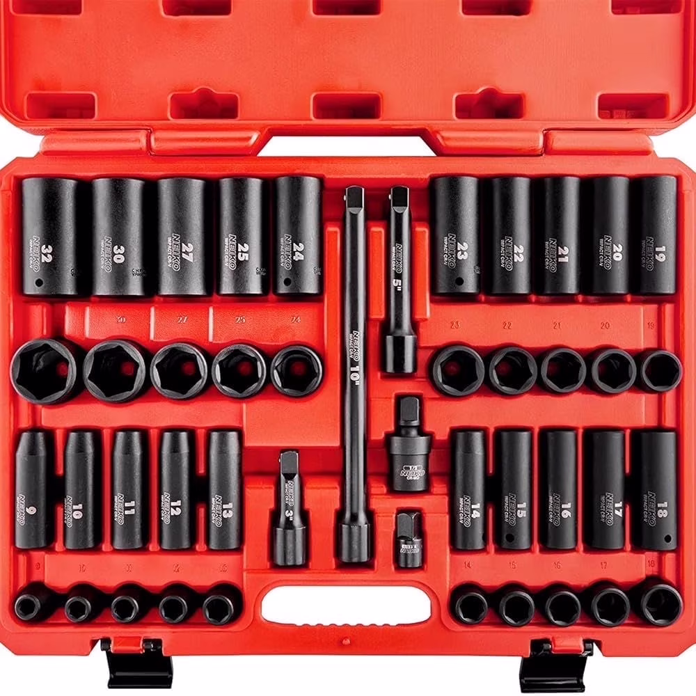 NEIKO 02330A 1/2 Impact Socket Set, 45 Piece Deep and Shallow Assortment, Metric Sizes 9mm to 32mm, Chrome Vanadium Steel, Extension Bars, Universal Joint and Adapter, 1/2 Drive Deep Well Set