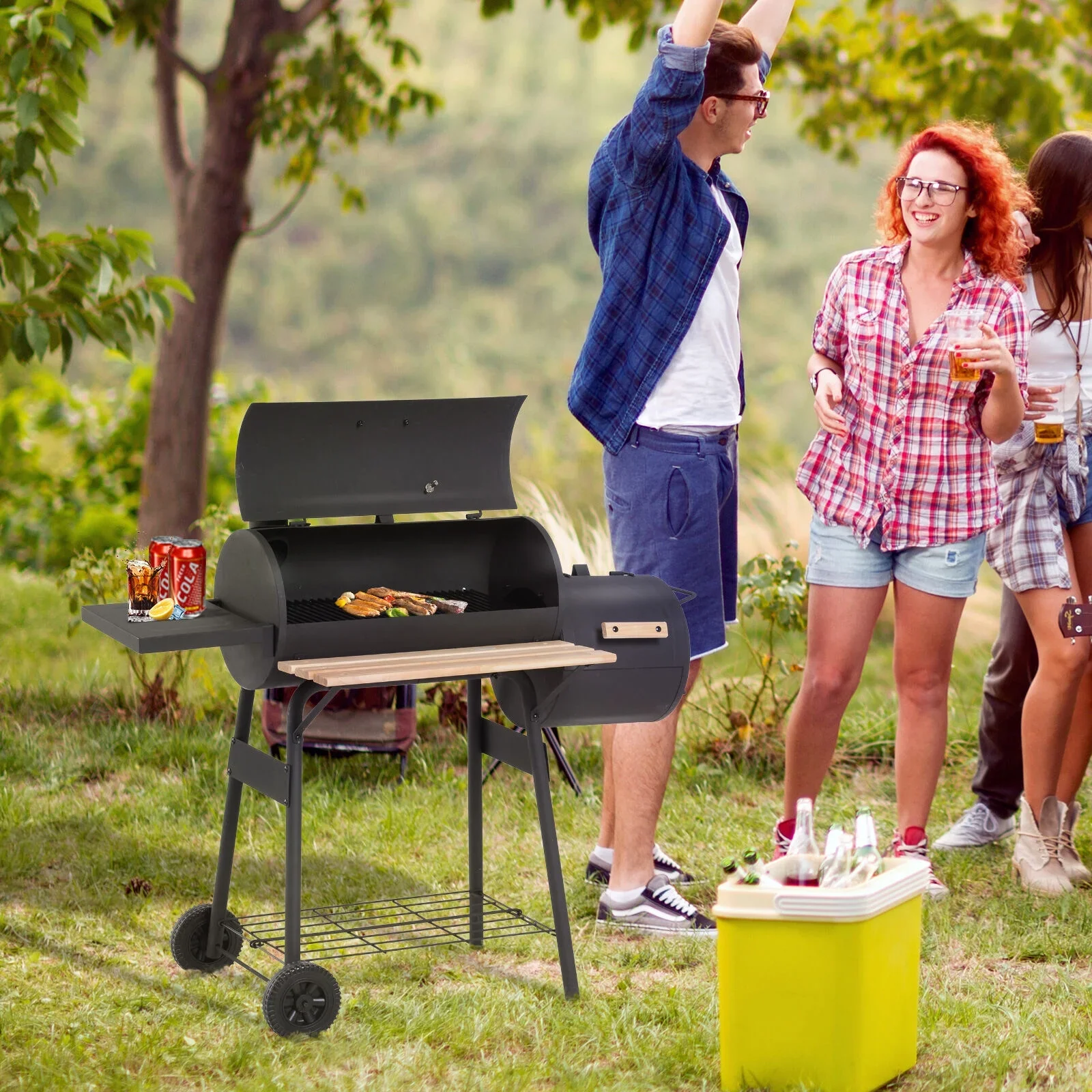 DUOSONG Outsunny 48 Steel Portable Backyard Charcoal Bbq Grill And Offset Smoker Combo With Wheels Black Steel Garden & Outdoor BBQ Grills & Utensils
