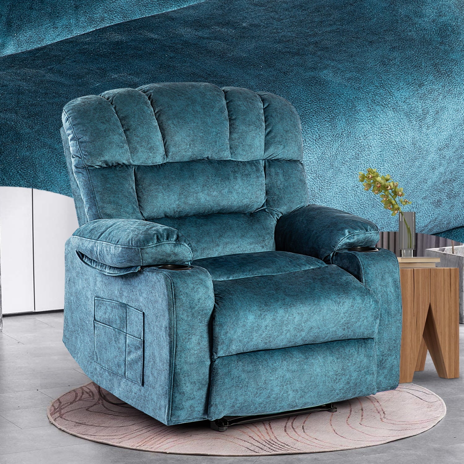 40 9" Wide Super Soft and Oversize Modern Design Velvet Upholstered Manual Recliner Chair with Heating and Massage, Green(Blue) Image 6