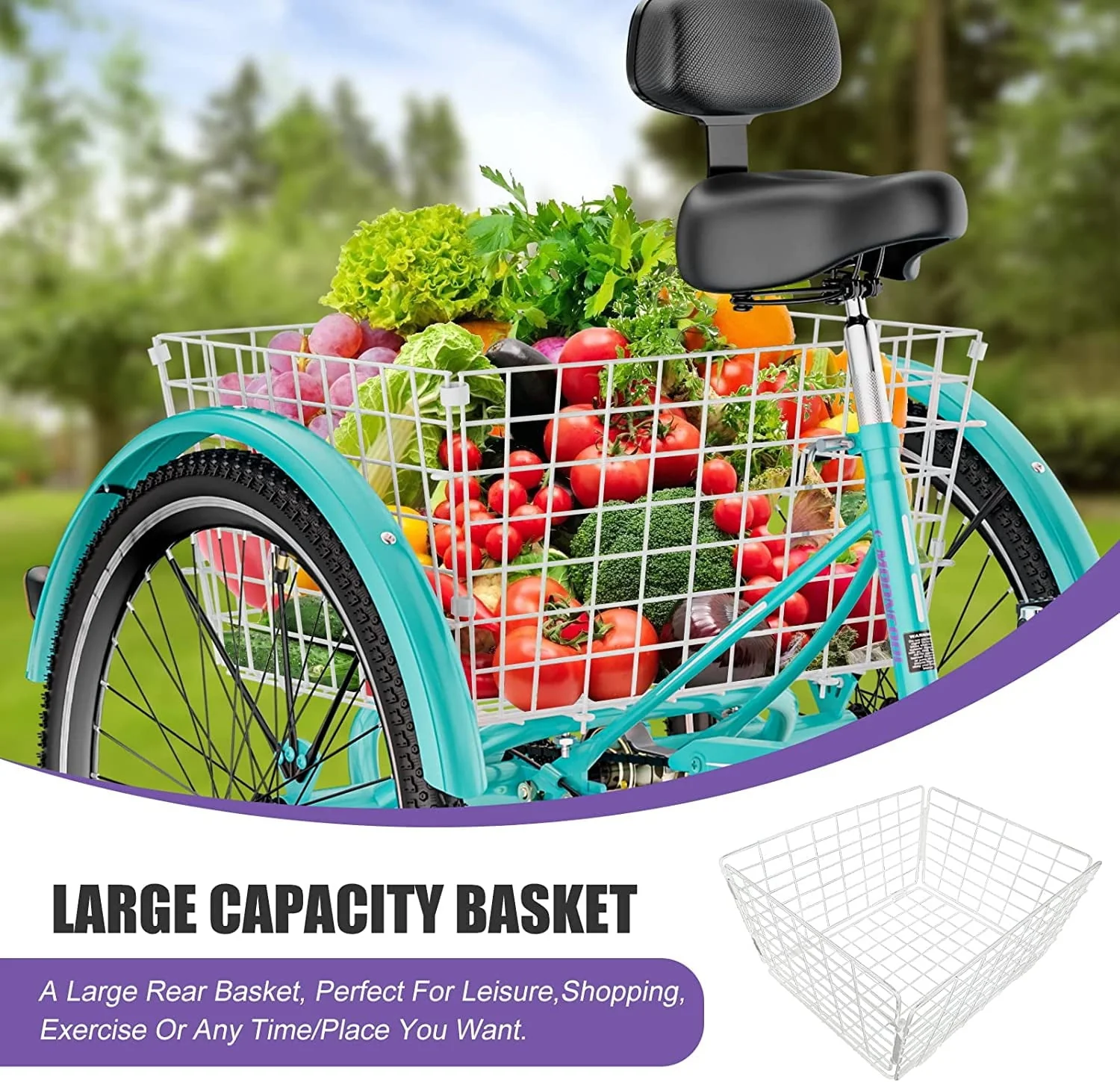 Adult Tricycle 20/24/26 inch 7 Speed, Three Wheel Bicycle for Adult, Trike Cruiser W/ Tools Big Basket for Exercise Shopping Picnic Outdoor Activities Image 5