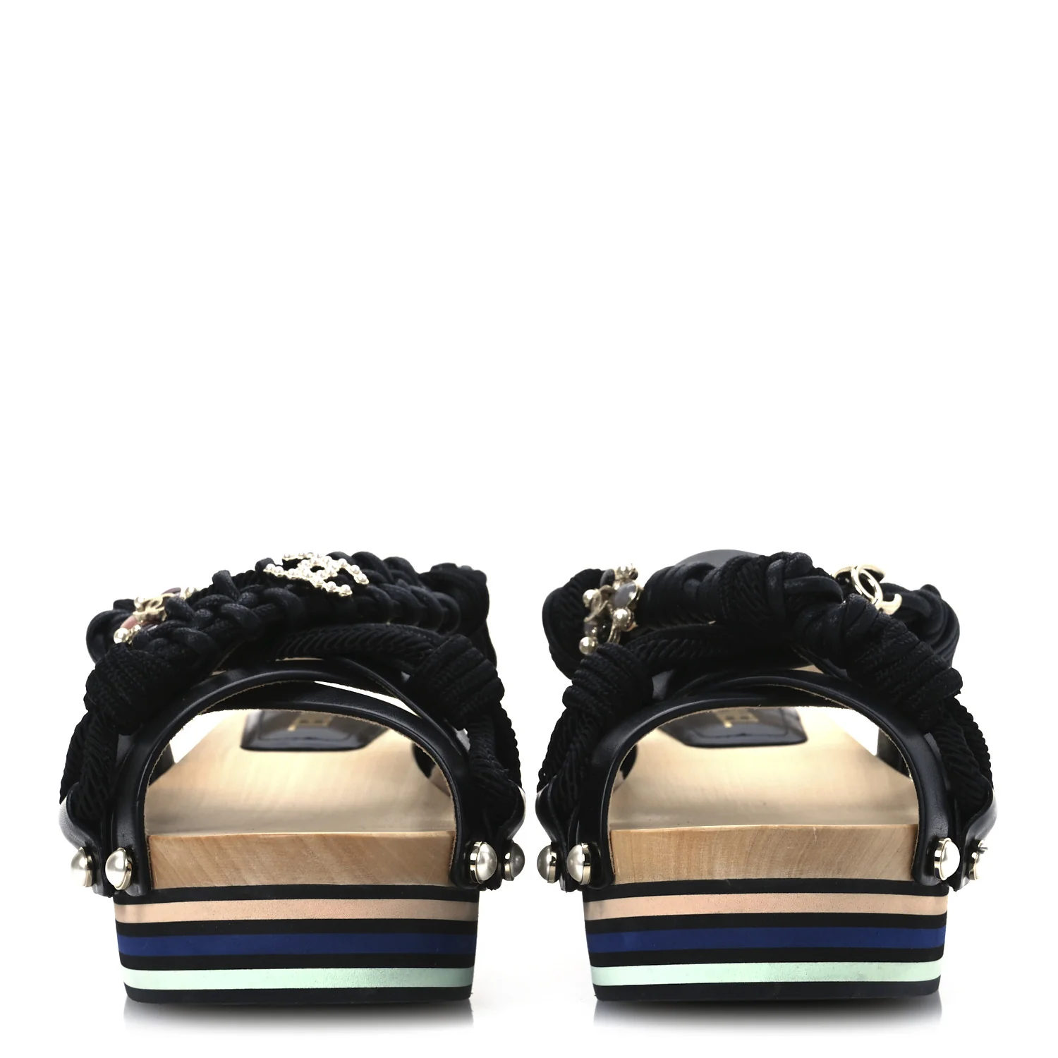 Calfskin Cord Pearl CC Sandals 38 Black
