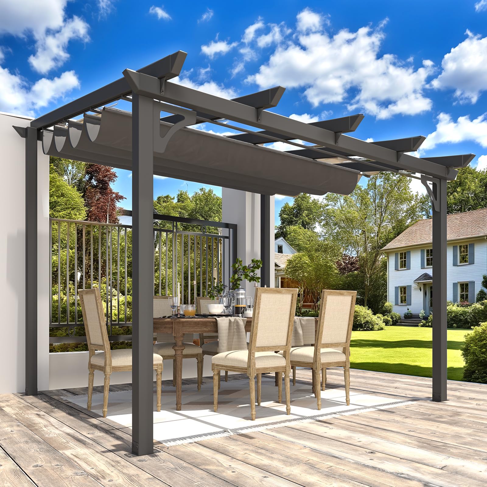 AECOJOY 10' x 8' Gazebo for Patio, Retractable Pergola with Adjustable Sun Shade Canopy Roof