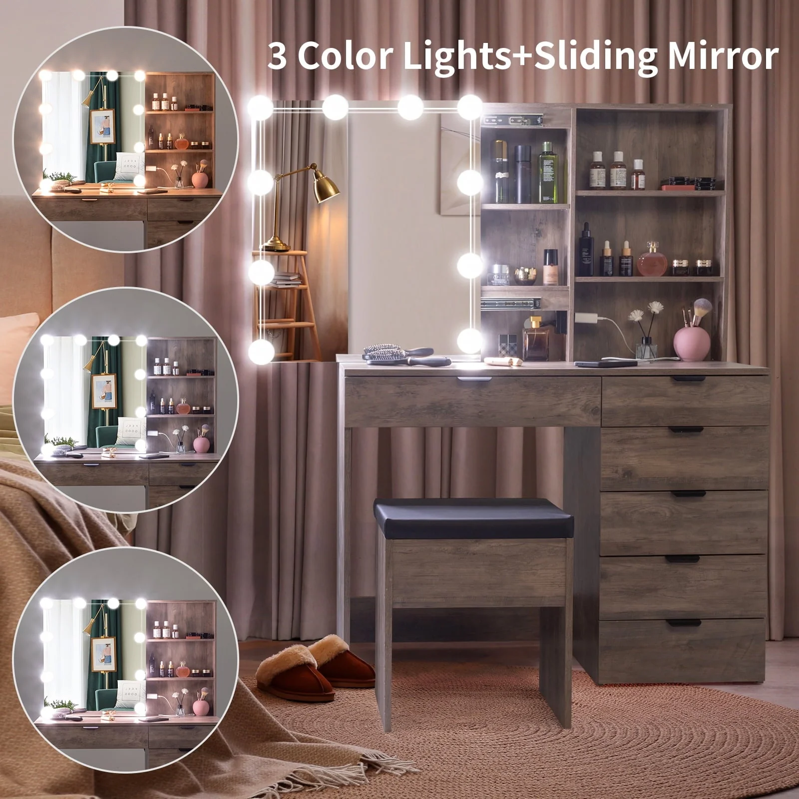 Ktaxon Vanity Set with 3 Color Lighted Mirror & Charging Station, Makeup Table with 6 Drawers, Dressing Table Makeup Desk with Stool, Retro Gray