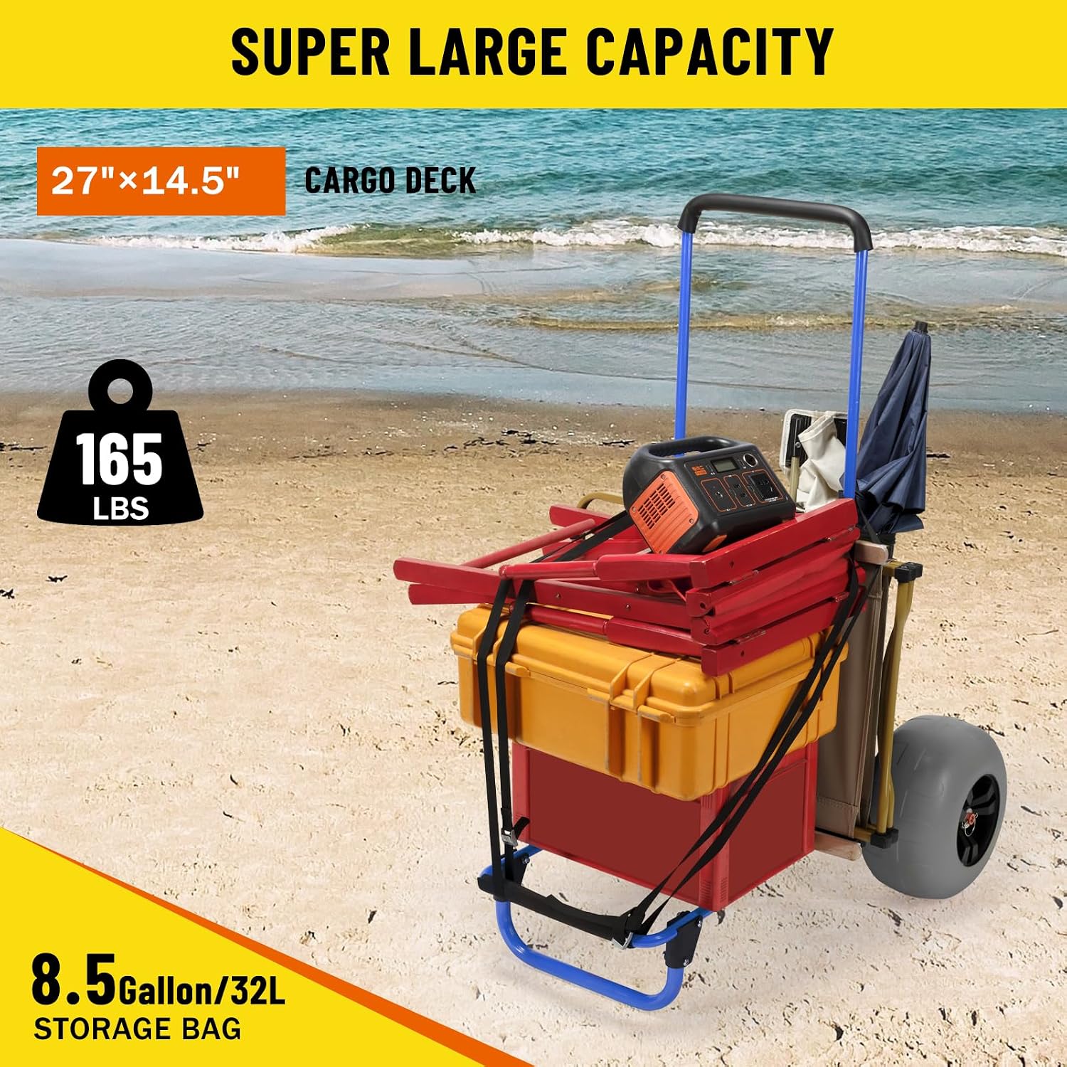 Beach Fishing Carts, 13” Big Balloon Wheels Flat-Free Solid PU Tires for Sands, 165LBS Loading Folding Sand Cart & 33.1
