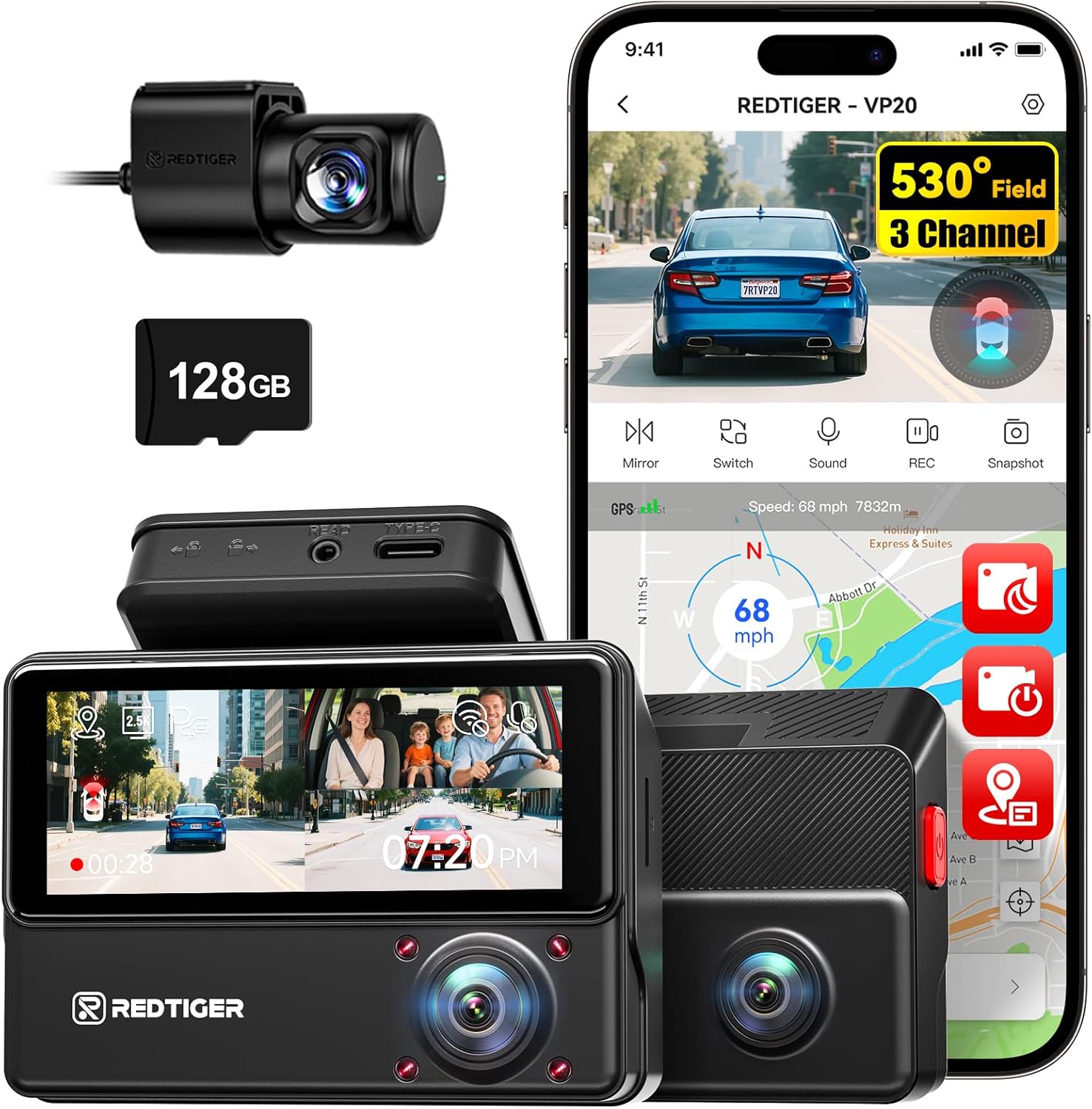 REDTIGER 530° Dash Cam 3 Channel  2.5K+2.5K+1080P Triple Car Camera with 128GB Card  IR Night Vision  Touch Screen  Dashcam for Front Inside Rear Included WiFi GPS  24H Parking Mode