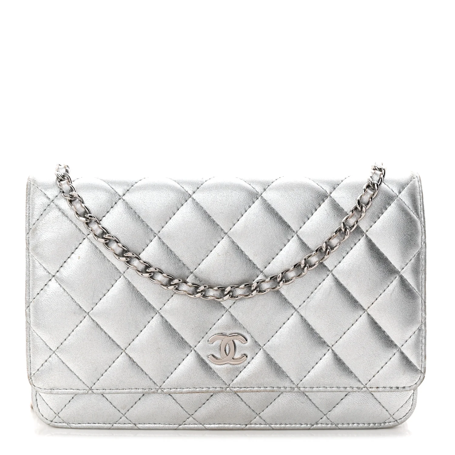 Metallic Lambskin Quilted Wallet On Chain WOC Silver