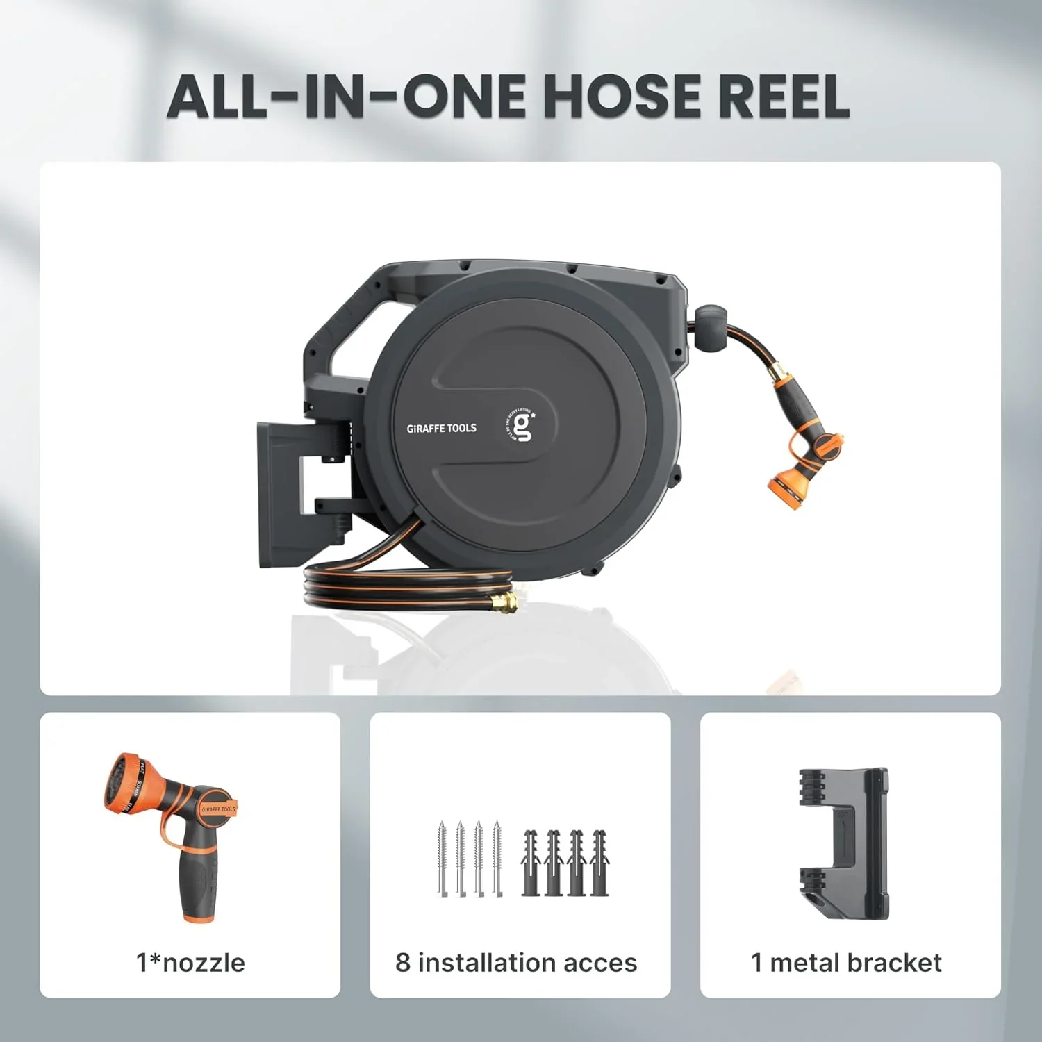 Giraffe Tools Retractable Garden Hose Reel with 1/2in-78ft Hose, Metal Bracket, Wall Mounted, Dark Grey