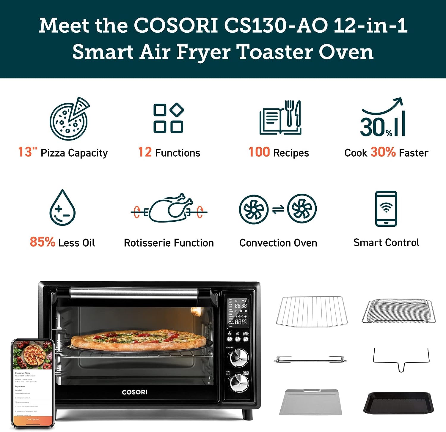 Four combiné friteuse à air chaud COSORI, 12 fonctions, déshydrateur intelligent de 30 L, pizza de 33 cm, 100 recettes et 6 accessoires inclus, compatible avec Alexa CS130-AO, Wi-Fi - Noir