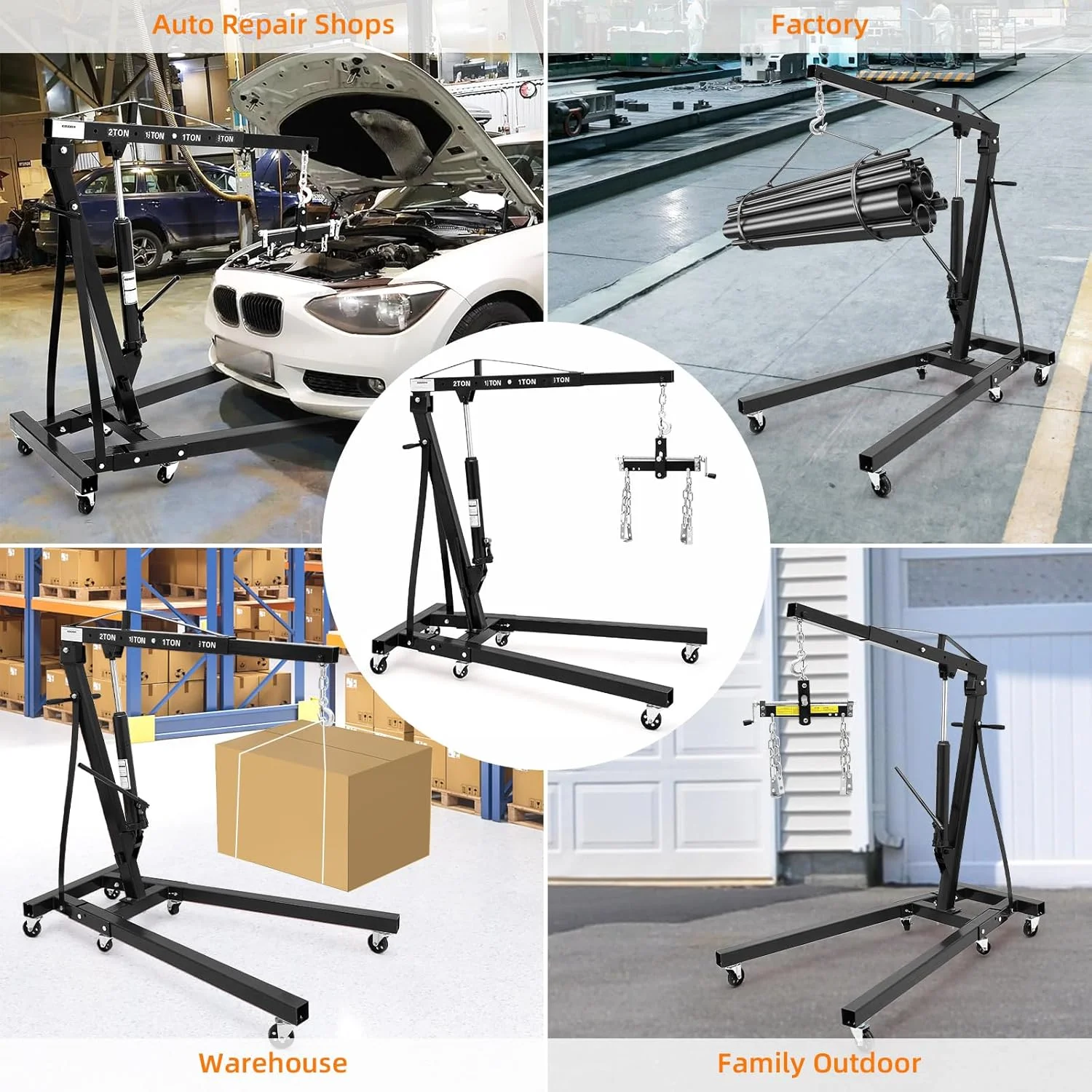2 Ton Engine Hoist with Lever, 4000 lbs Heavy Duty Folding Cherry Picker Engine Lift Hydraulic Tilting Engine Shop Crane with 6 Iron Caster Wheels Telescopic Boom Hitch(Orange) - Image 7