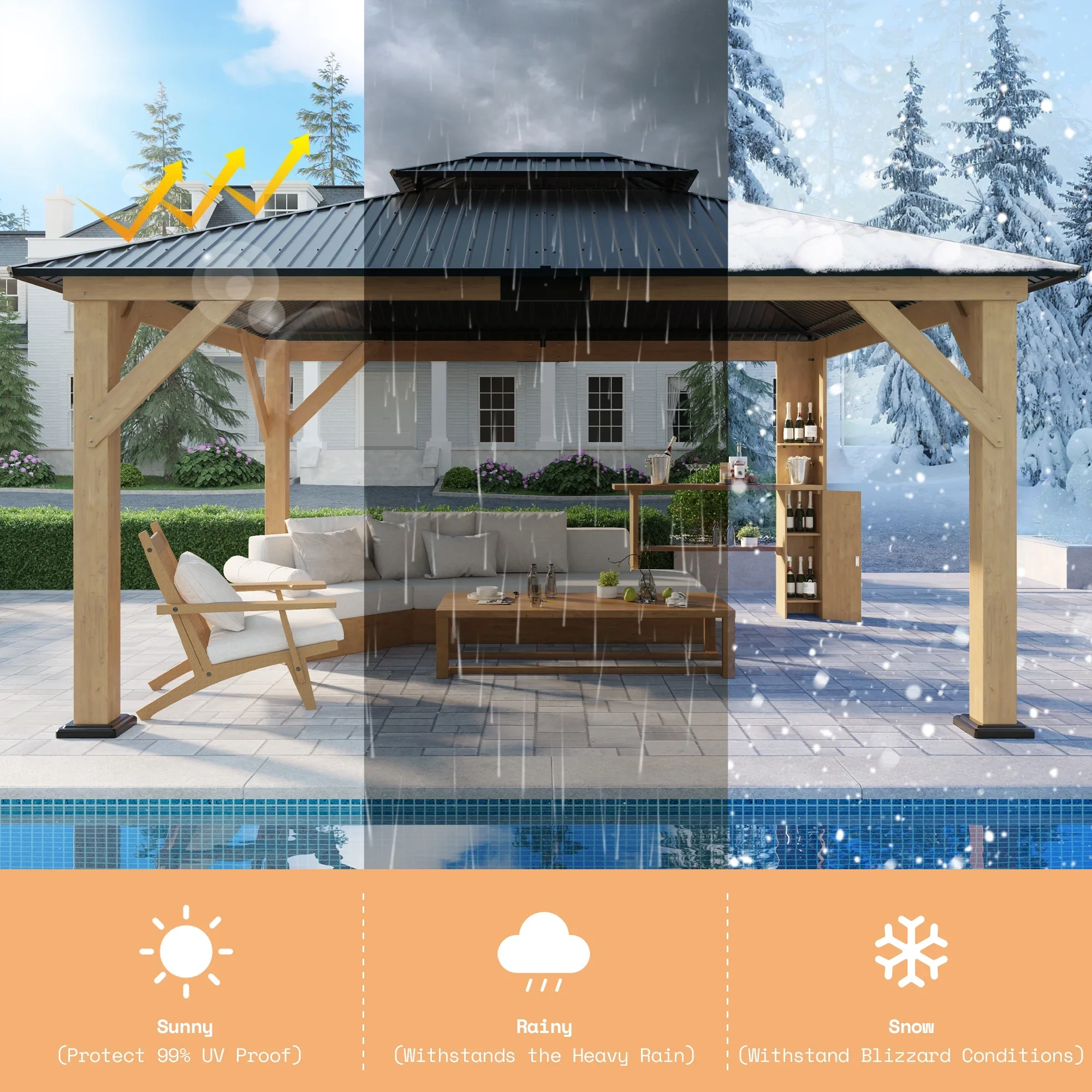 Jocisland Wood Gazebo 10'x12', Wind & Rain Resistant Design, Grill Gazebo for Garden, Backyard