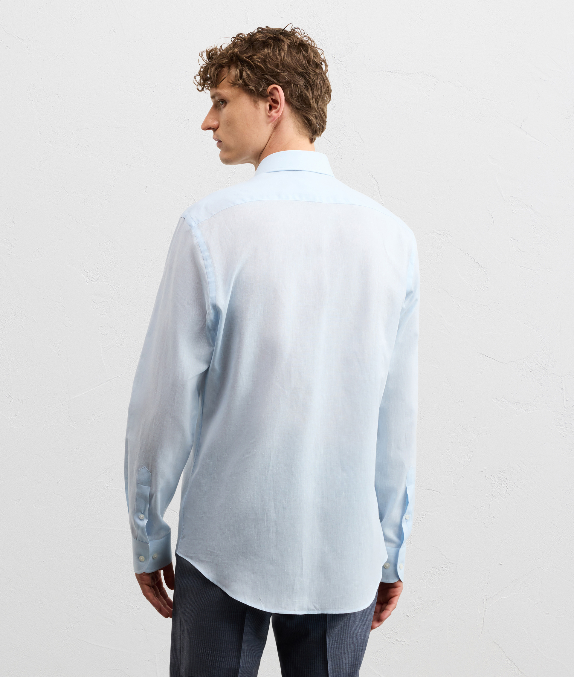 LIGHT BLUE LINEN AND COTTON SHIRT WITH SMALL TORINO COLLAR AND STANDARD CUFF