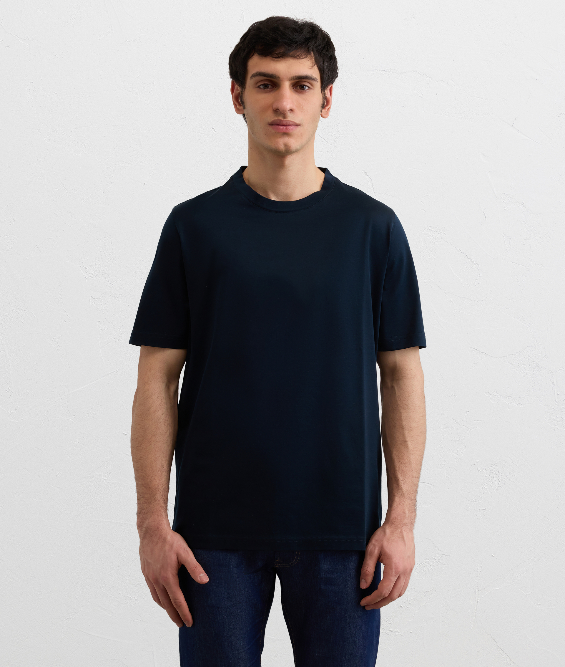 NAVY BLUE MERCERIZED COTTON JERSEY SHORT SLEEVED T SHIRT