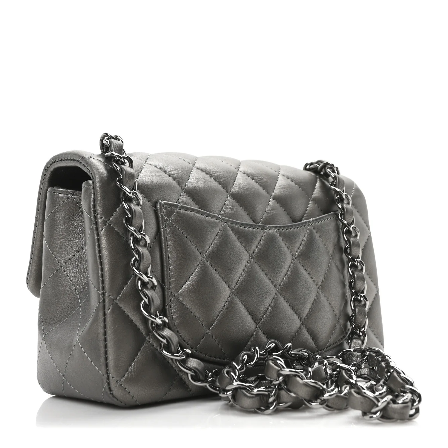 Metallic Lambskin Quilted Mini Rectangular Flap  Dark Grey