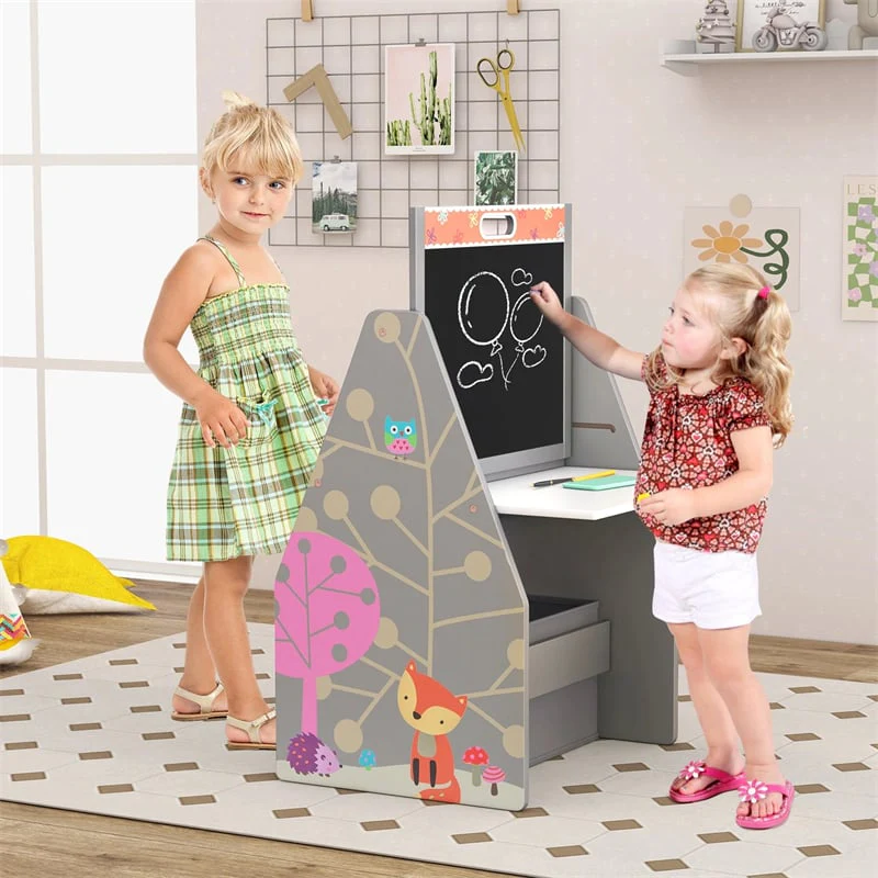 3-in-1 Kids Art Easel with Chair, Wooden Toddler Easel Table & Chair Set w/ Double-Sided Magnetic Whiteboard & Chalkboard, Bookshelf, Storage