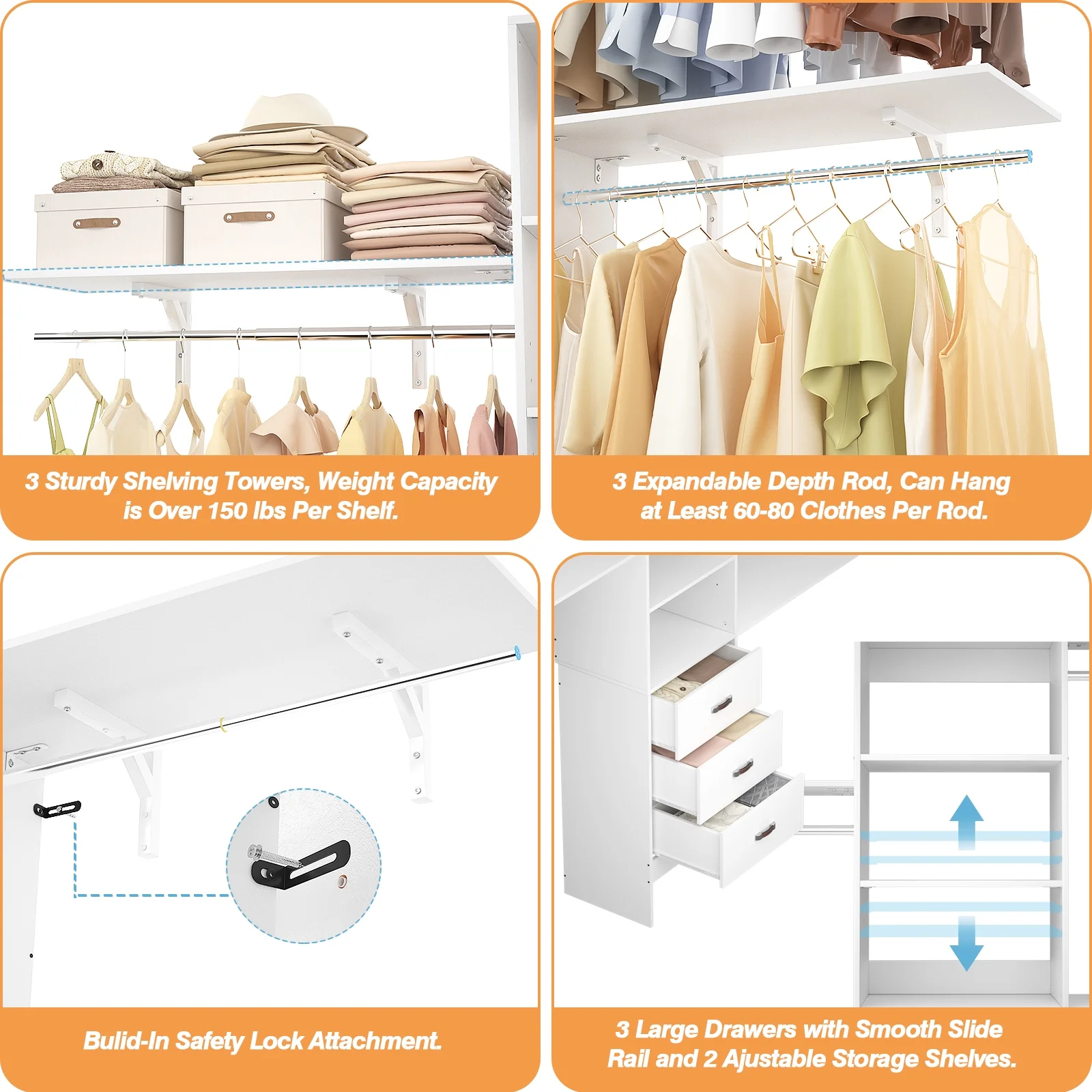 Homieasy 96 in Closet System, 8FT Walk in Closet Organizer with 3 Shelving Towers, Heavy Duty Clothes Rack with 3 Drawers, Built - in Garment Rack, 96" L x 16" W x 75" H, White