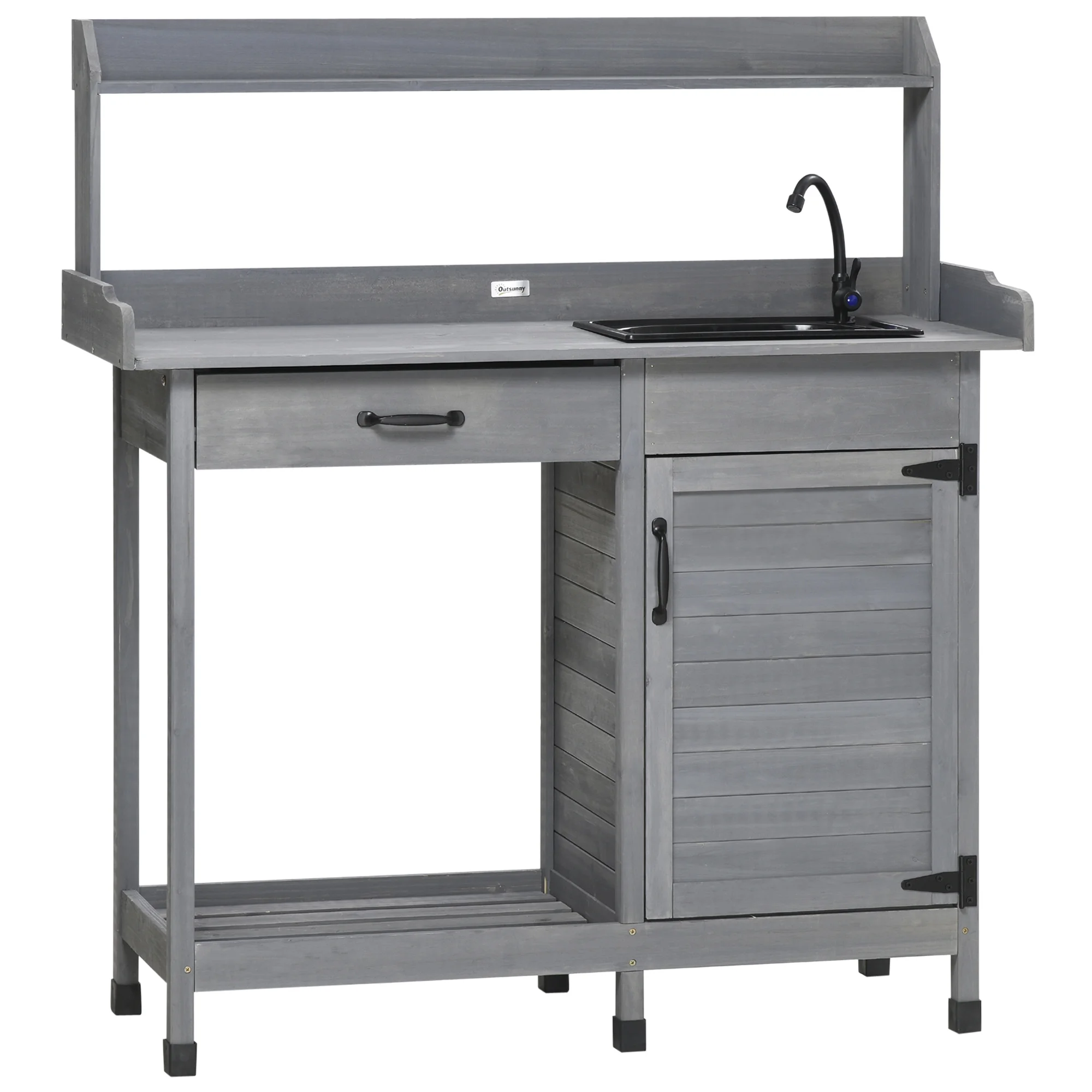 Outsunny Potting Bench Prep Table with Faucet, Sink, and Storage, Gray