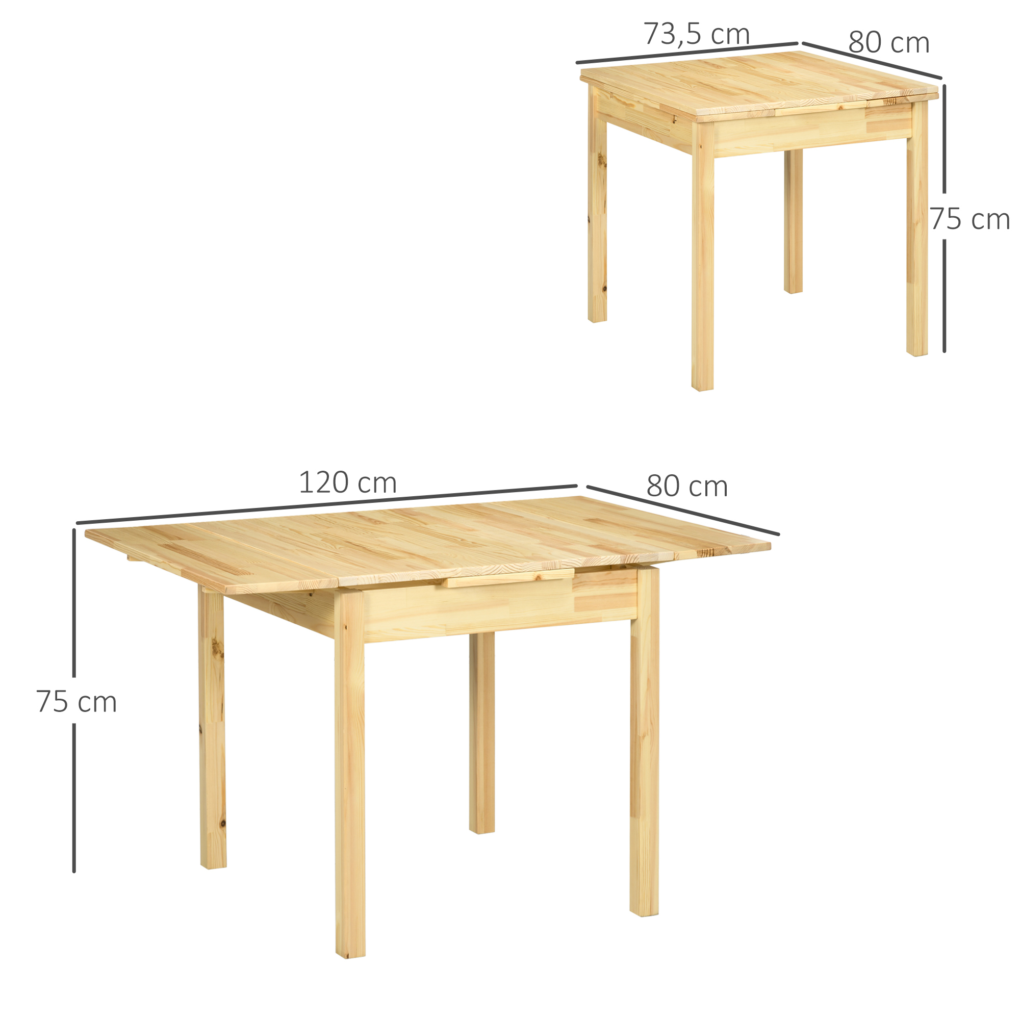HOMCOM Massief houten eettafel, opklapbare tafel, uitbreidbaar, naturel