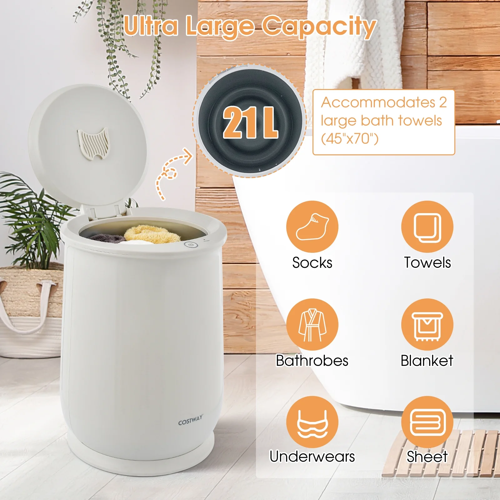 Costway 21L Large Capacity Towel Warmer with Flip-top Lid Auto Shut off Fragrance Holder White