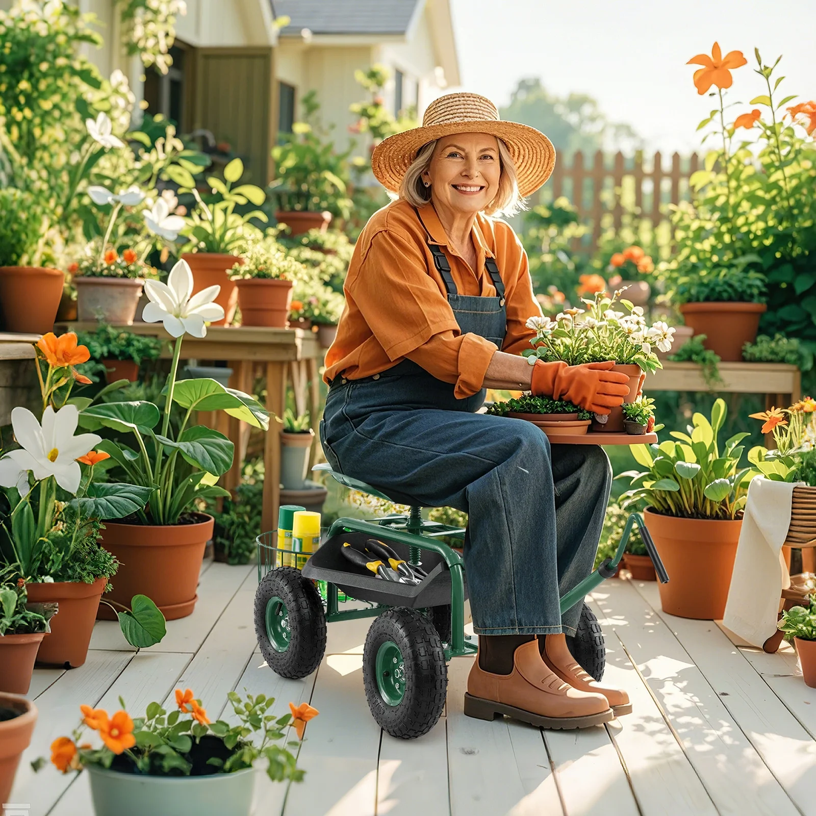 Garden Cart Rolling Work Seat for Planting with Extendable Handle Green(Green) - Image 2